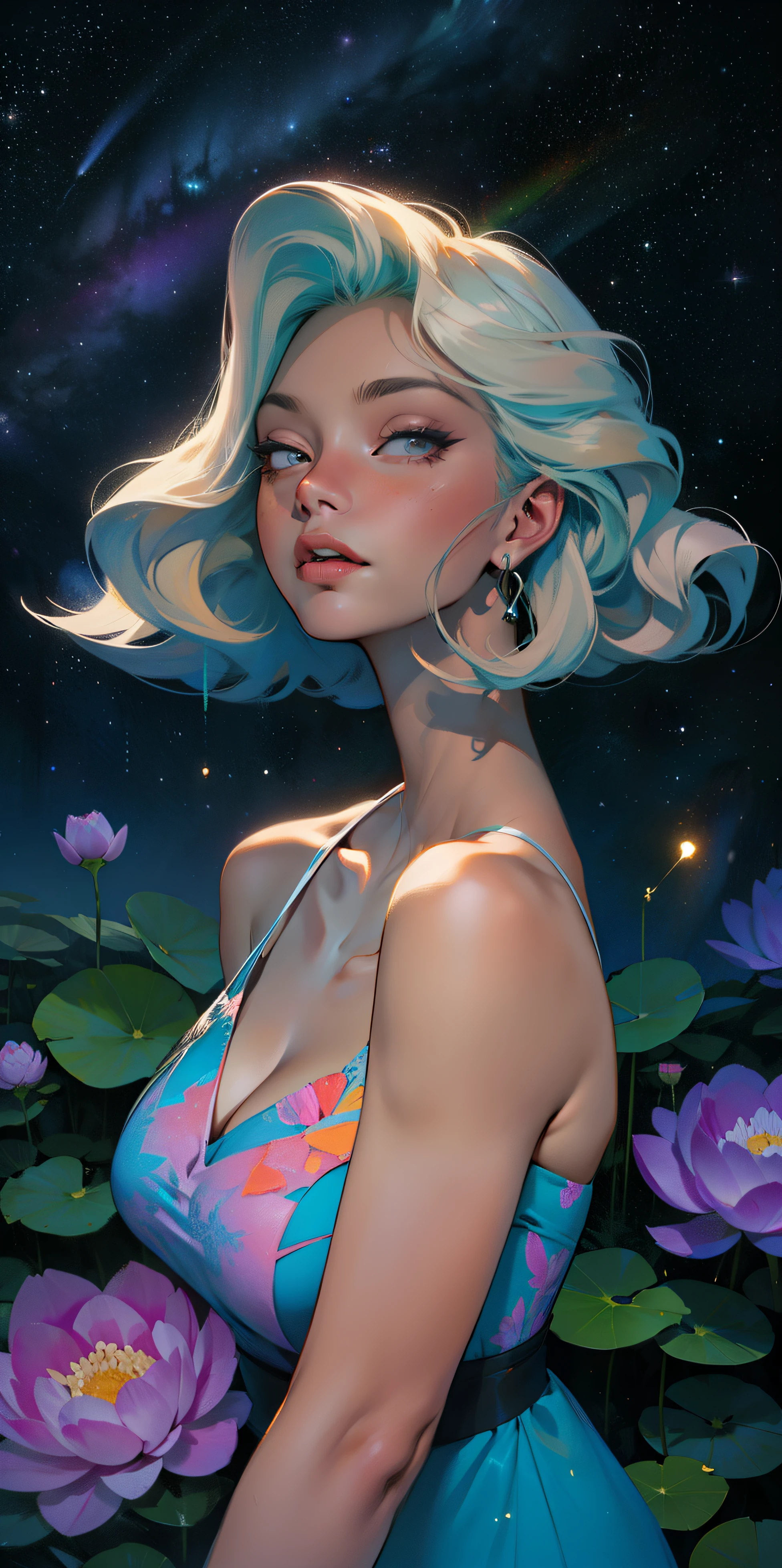 peony/lotus/cornflower/wheat/mallow/ chamomile/poppy/Wildflowers,professional,abstract beauty,approaching perfection,Dynamic,Highly detailed,digitally painted,Artstation,Concept art,Smooth,sharp-focus,an illustration,Artisty Carne Griffiths, Wadim Kashin,leonid afremov,kandinsky,Psychedelic,watercolour,crystals foil,stylish,fantastic,gold,colorful neon, s face, waist-high, portrait of a, up close, near, close up, queen, a goddess, A glorious sunrise, aura, glow, multi-colored bright aurora borealis, Spectrum Rainbow,Colored feathers, In a chic, lavender white mint hair,  pastel, mixed-language_eautiful and clear background:1.2),, fantastic paintings , olhos altamente detalhados, crystals,   outer space, galaxy, Gorgeous hair, Background Flora Peony, poppy, hydrangea, Plants. Loving. Love. ultra detail hair, Best Quality, high qulity, high resolucion, detail enhancement, ((most beautiful image in the world)), Masterpiece, Best Quality, High Quality Detail Enhancement, ((most beautiful image ), Shiny hair, Ultra chic lace panties, Stampa Flores, art by stjepan sejic, art by j scott campbell, art by guillem march, art by citemer liu, 4k, high resolucion, comic book character, comic, high quality detailed,   style of ::2.0 comix illustration style,tatoon style, high qulity, high resolucion, detail enhancement, 8K, HD, Best Quality, high qulity, high resolucion, detail enhancement, 8K, HDR, sharp-focus, Ultra Detailed, perfect  lighting, , Lush big breasts, Curvy big hips, Beach, The sea, waves, sparks, Stars, The Cycle of the Stars