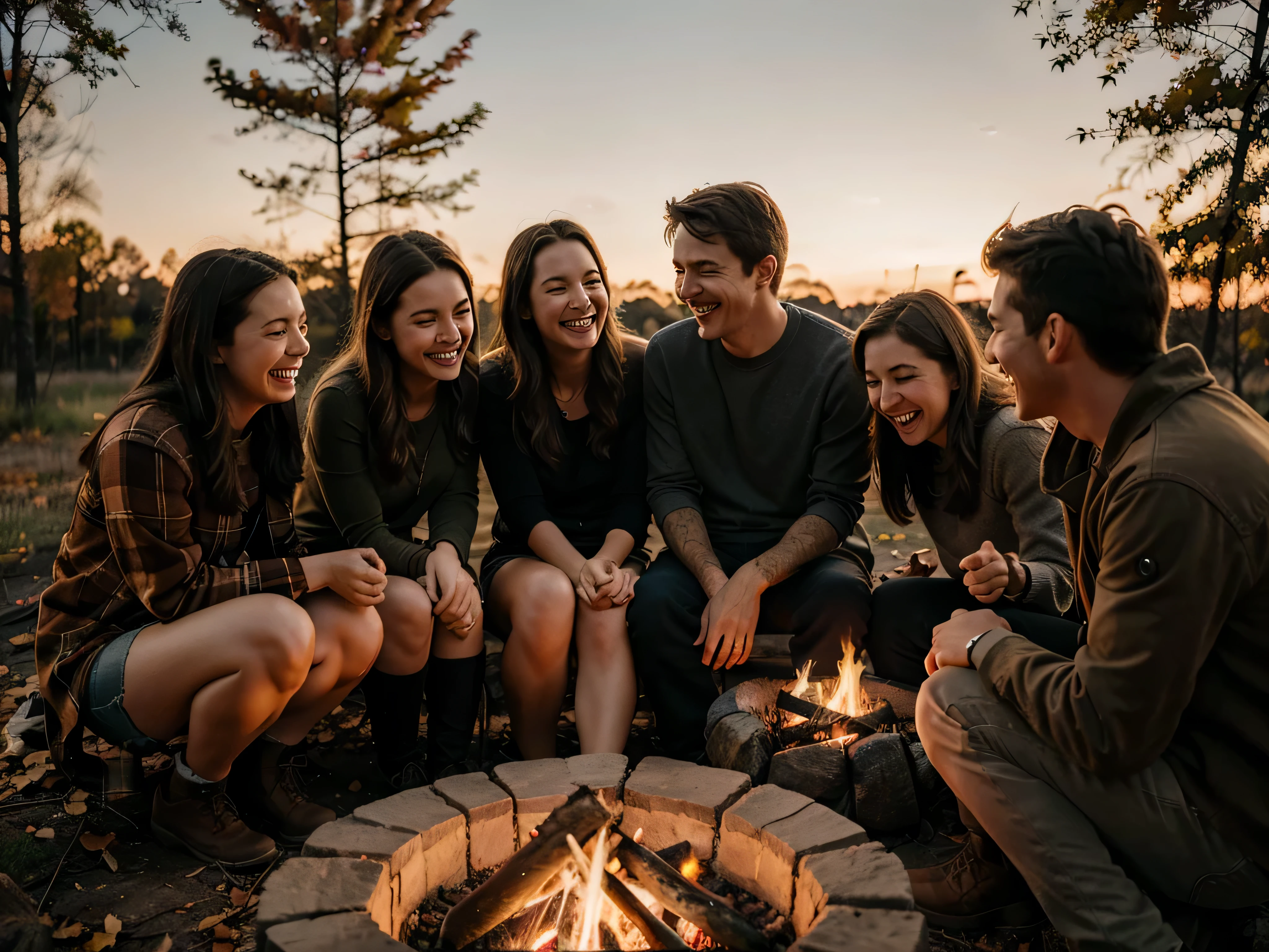 Group of friends talking and laughing around a campfire during autumn, creating warm memories and embracing companionship. Nikon, 8k