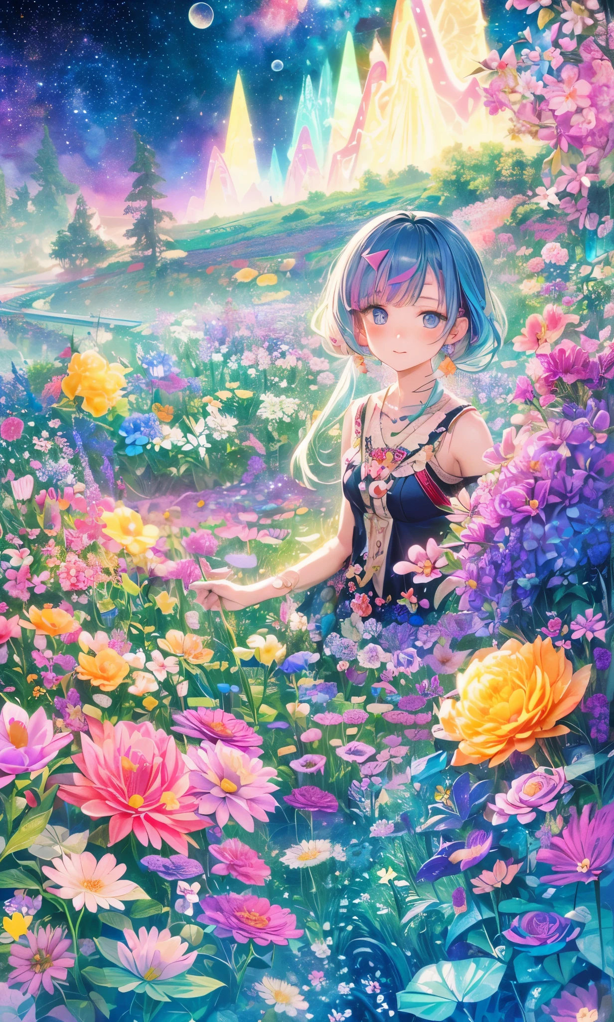 Melody Mark,top-quality、masutepiece、1womanl、独奏、(abstract  art:1.4),(Psychedelia Theme:1.6),(Gunjo World:1.5),(Lots of creatures:1.5),(Space world:1.5),(At the center of the world is the most beautiful woman in the world),(many stars are falling:1.5),A ray of light spreads,Crystals spreading from the center,prisma(Nostalgic landscapes:1.5),(colorful flower:1.5),Garden Girl,absurderes, ultra-detailliert,bright colour, extremely beautiful detailed anime face and eyes,Short hair,asymmetrical bangs, Blonde hair with short twin tails, Shiny hair, Delicate beautiful face, red blush、Blue eyes, White skin, hair clips, earrings, a necklace,