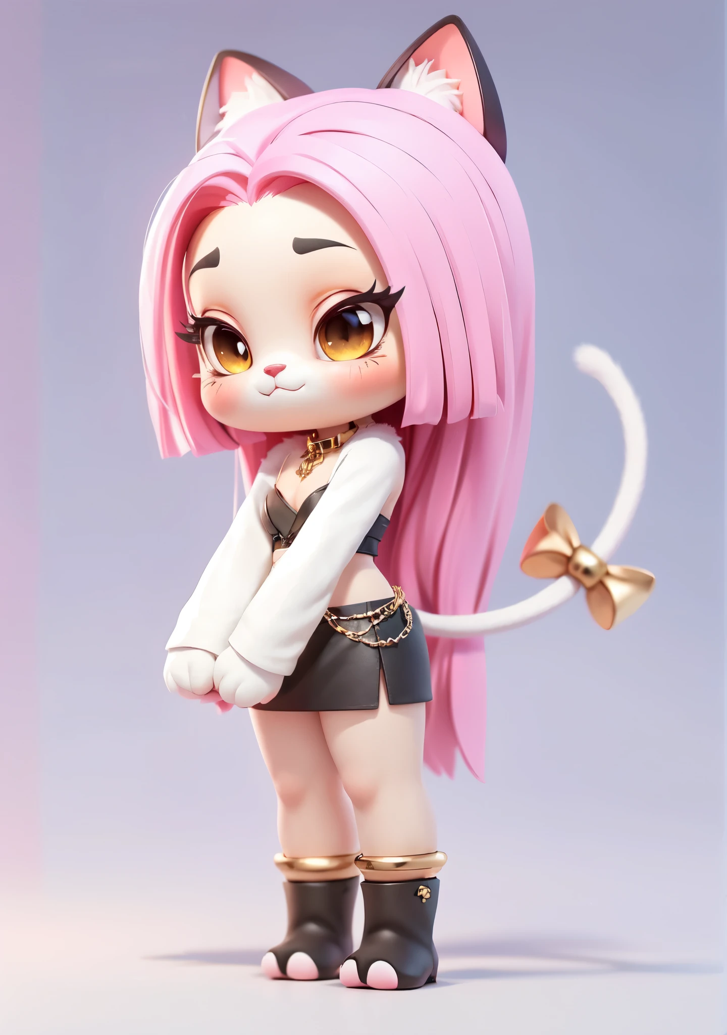 1girl, animal ears, bell, blue background, cat, cat ears, cat girl, cat tail, furry, furry female, gradient background, pink hair, solo, tail, tail bell, tail bow, tail ornament, tail ribbon, yellow eyes,gray tattoo，black short skirt，Black boots，Thin gold chain accessories，Anime character, cute, chibi, perfect lighting，best quality, original, extremely detailed, (extremely detailed: 1.2), style 3d hair, blender, octane render, popular toys, blind box,((black leather tube top and skirt，The skirt has exquisite metal accessories，Hairy hands like cat paws))