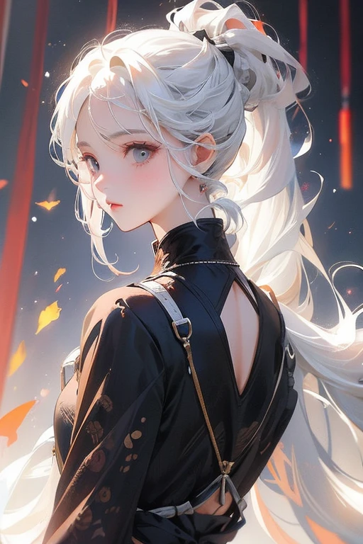 girl, white hair, pony tail , black eyes, dress
