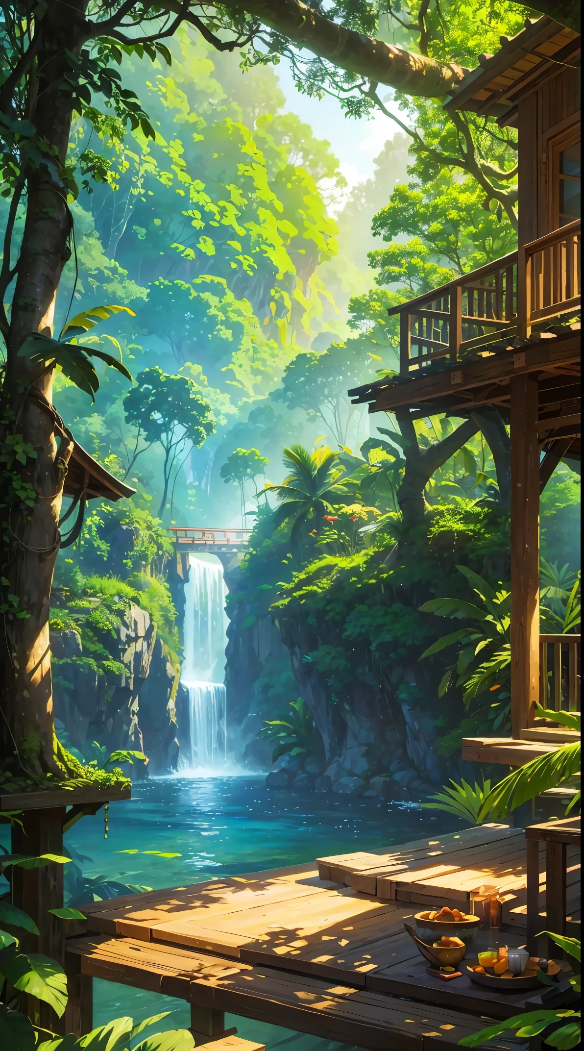 beautiful jungle tree house, cinematic, high-res, vibrant, detailed foliage, sunlight streaming through leaves, tropical paradise, lush greenery, wooden architecture, cozy and inviting, birds chirping, hidden oasis, exotic birds, hanging vines, natural harmony, dreamy atmosphere, elevated view, peaceful retreat, adventurous spirit, luxurious retreat, breathtaking scenery, tranquil escape, vibrant colors, immersive experience, magical ambiance, enchanting hideaway, explorers' paradise, paradise found, tropical haven, paradise on earth, captivating beauty, serene sanctuary, nature's masterpiece.
