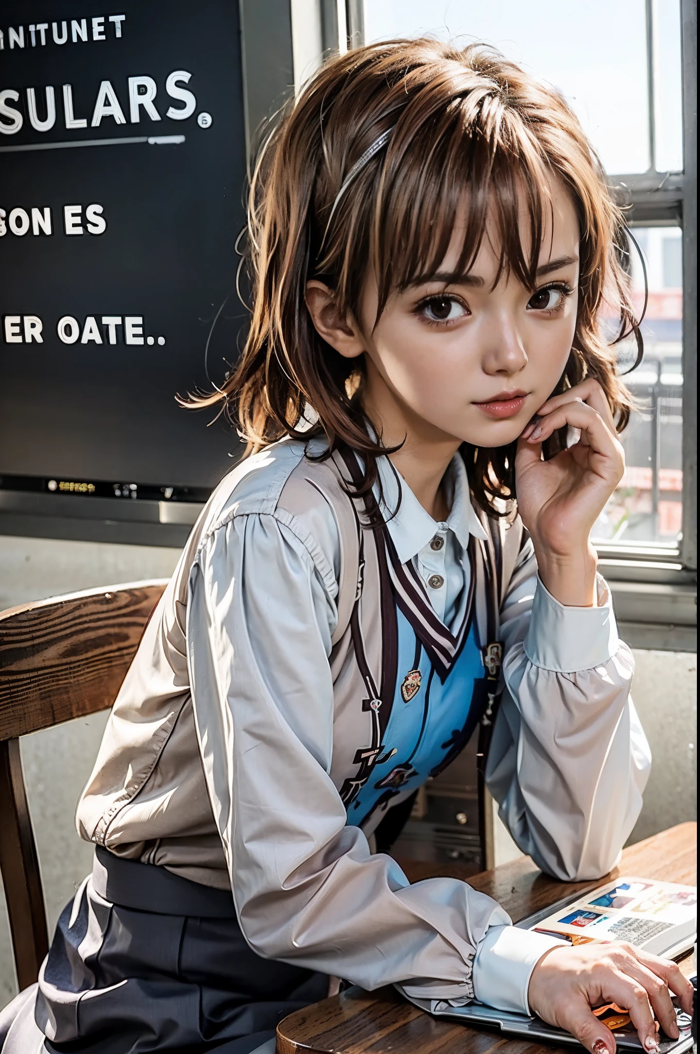 anime girl sitting at a table with a laptop and a book, beautiful anime high school girl, anime visual of a cute girl, cute anime girl, young anime girl, attractive anime girl, portrait anime girl, pretty anime girl, beautiful anime girl, an anime girl, portrait of cute anime girl, portrait of an anime girl, cute anime girl portrait, (anime girl)，Misaka Mikoto，with short golden hair，Short hair，casual fashion clothinisaka Mikoto，with short golden hair，Short haishionable casual weashionable outfits for casual outingisaka Mikoto，with short golden hair，Short haishionable casual weashionable outfits for casual outings