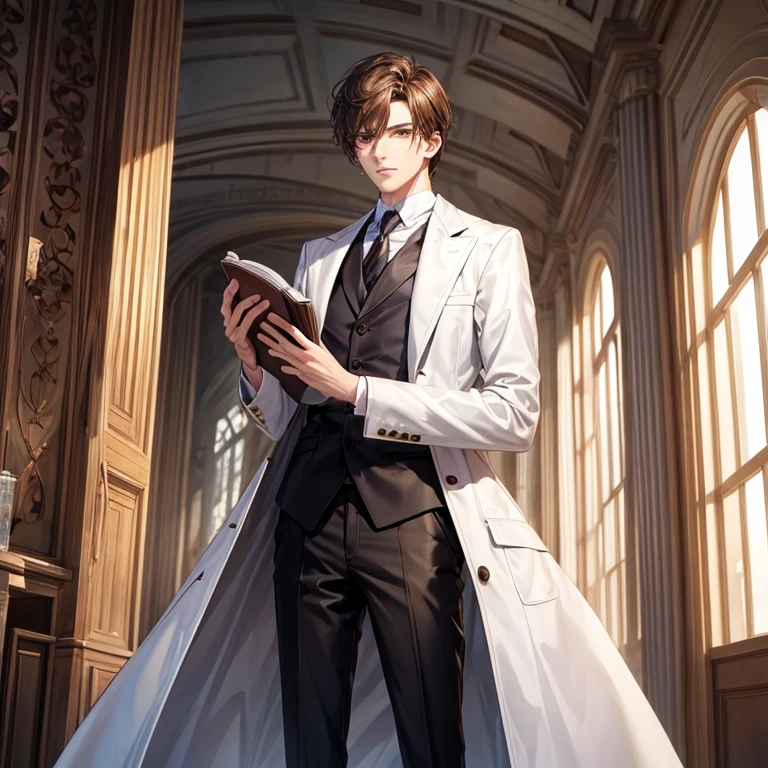 With transparent background、A tall stylish man with short brown hair holding a book.