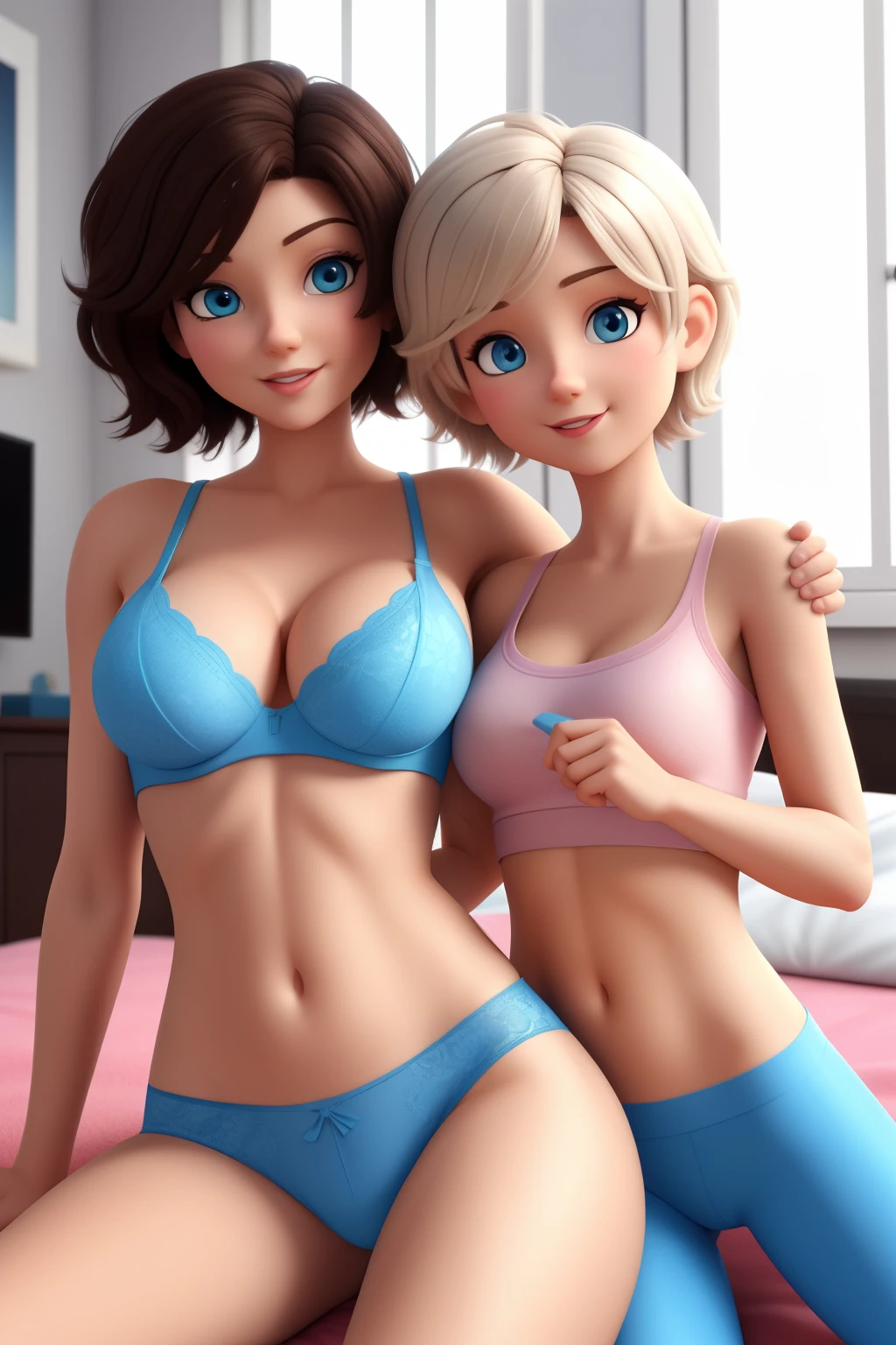 Mother and son with moms milf friend with short short hair and blue eyes, young looking, wearing tight panties, laying on bed. 3d cartoon with accurate proportions, taking selfie, cum over body