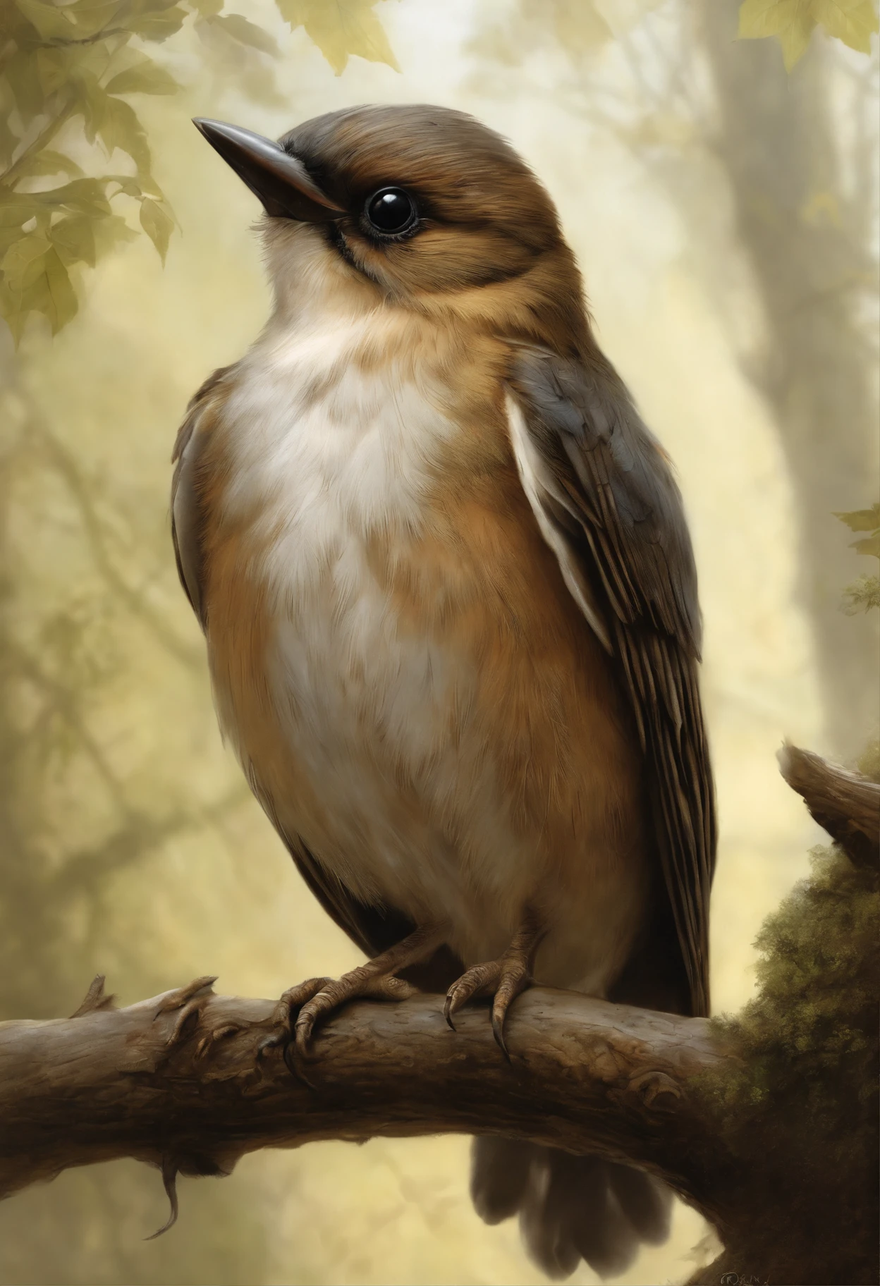 真实感, dark fantasy style, John Tolkien style, Small painting by Jean-Baptiste Monge, little bird swallow, nestling, anatomically correctly drawn body, sitting on an oak branch, flapping of wings, ultra-precisely drawn movement of the wings, Только что вылупившийся nestling, ultra realistic 3d illustration, portrait shot, Realistic paleoart photography, extreme close up portrait, closeup portrait shot, highly realistic photo, based on Bob Eggleton, hyper realistic render, hyper realistic render, hyper realistic render, close up portrait shot, adorable digital painting, ultra realistic picture ,The city, megalopolis, city trail, big house, glass skyscraper, Jean-Baptiste Monge, anthropomorphic --ar 2:3 --testp -optimistic;