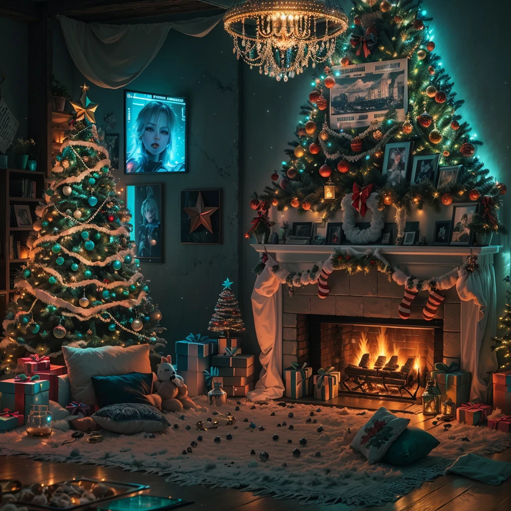 (best quality,4k,8k,highres,masterpiece:1.2),ultra-detailed,(realistic,photorealistic,photo-realistic:1.37),cyberpunk,Christmas-themed,living room,neon lights,punk elements,futuristic furniture,festive decorations,punk Christmas tree,ornaments,glowing,cybernetic implants,sleek,metallic surfaces,glass panels,reflective surfaces,punk-style fireplace,artificial snow,shimmering,punk fashion,cybernetic Santa Claus,high-tech gadgets,sparkling lights,tech-inspired Christmas stockings,vivid colors,enhanced reality projection,musical holograms