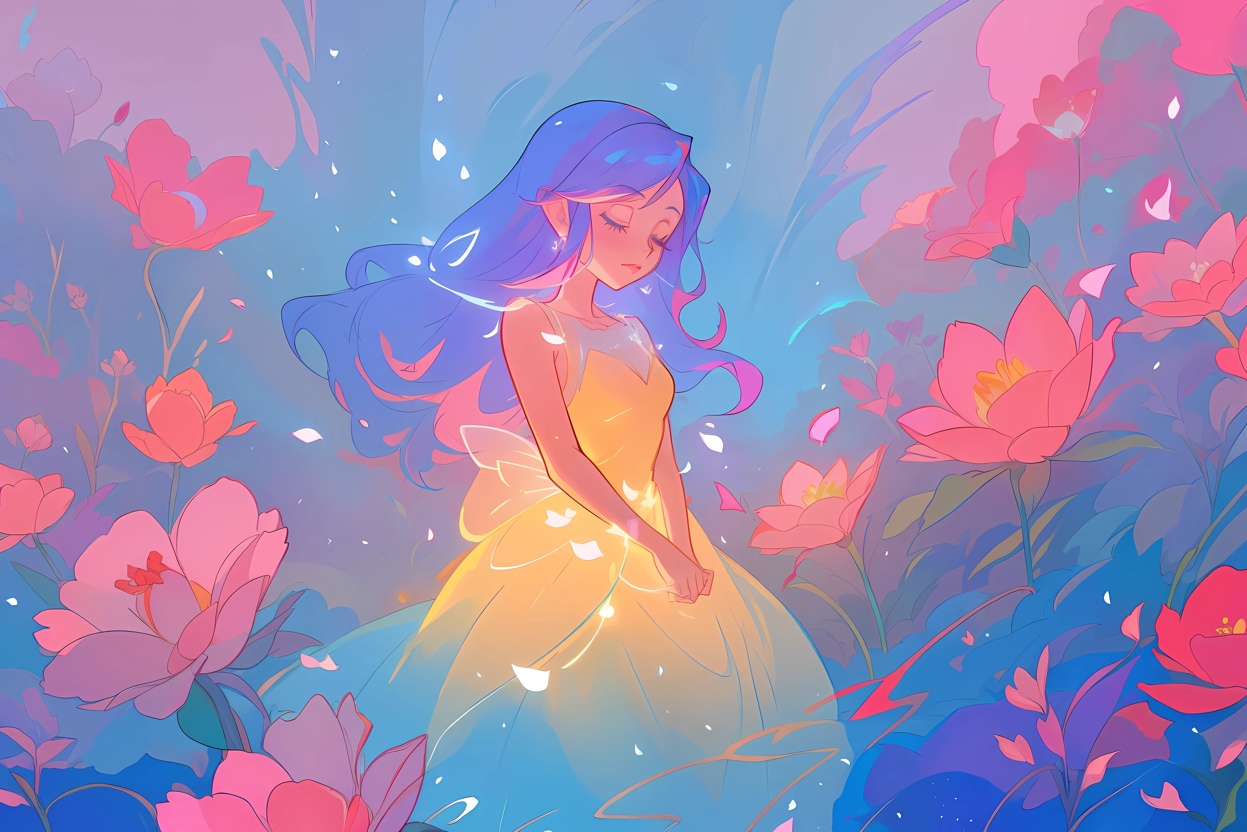 beautiful girl in flowing ballgown, flower fairy in a dress made of flower petals, flowers and colorful plants, inspired by Glen Keane, inspired by Lois van Baarle, disney art style, by Lois van Baarle, glowing aura around her, by Glen Keane, jen bartel, glowing lights! digital painting, flowing glowing hair, glowing flowing hair, beautiful digital illustration, fantasia otherworldly landscape plants flowers, beautiful, masterpiece, best quality, anime disney style