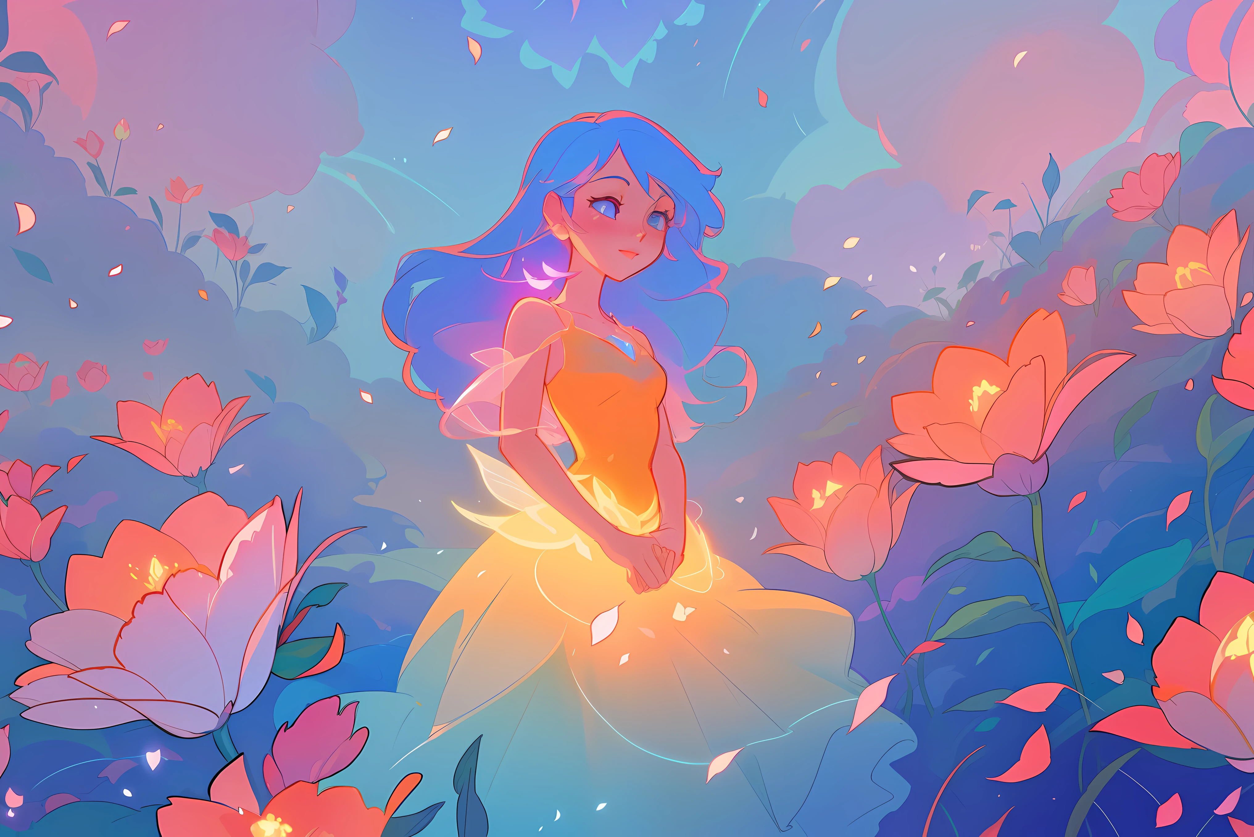 beautiful girl in flowing ballgown, flower fairy in a dress made of flower petals, flowers and colorful plants, inspired by Glen Keane, inspired by Lois van Baarle, disney art style, by Lois van Baarle, glowing aura around her, by Glen Keane, jen bartel, glowing lights! digital painting, flowing glowing hair, glowing flowing hair, beautiful digital illustration, fantasia otherworldly landscape plants flowers, beautiful, masterpiece, best quality, anime disney style