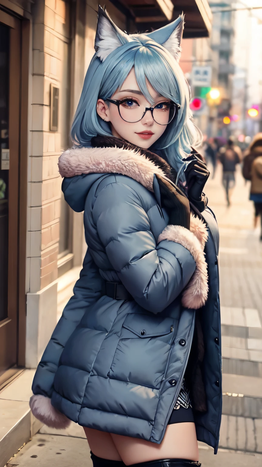 Masterpiece, beautiful art, professional artist, 8k, art style by sciamano240, very detailed face, detailed hair, detailed clothes, detailed fabric, 1girl, perfectly drawn body, beautiful face, long hair, light blue hair , very detailed blue cat eyes, wide smile, wearing trendy winter clothes , winter coat,black thigh boots, black pencil skirt, glasses, wearing gloves, pouty lips , rosey cheeks, evening winter setting, , show details in eyes, upclose view, looking at viewer, walking on sidewalk, purse on shoulder,