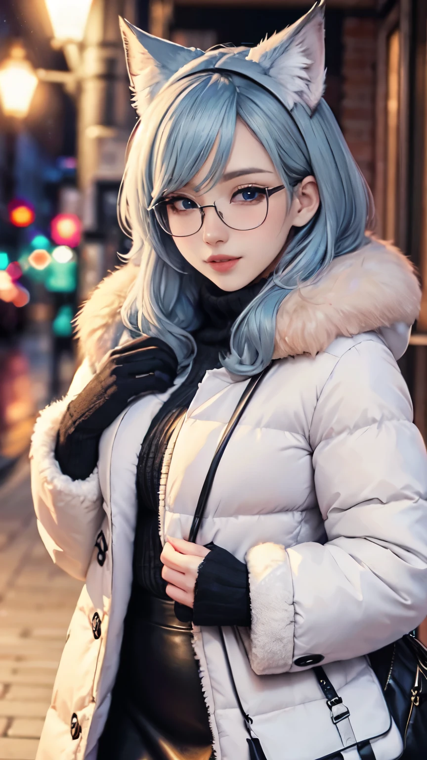 Masterpiece, beautiful art, professional artist, 8k, art style by sciamano240, very detailed face, detailed hair, detailed clothes, detailed fabric, 1girl, perfectly drawn body, beautiful face, long hair, light blue hair , very detailed blue cat eyes, wide smile, wearing trendy winter clothes , winter coat,black thigh boots, black pencil skirt, glasses, wearing gloves, pouty lips , rosey cheeks, evening winter setting, , show details in eyes, upclose view, looking at viewer, walking on sidewalk, purse on shoulder,