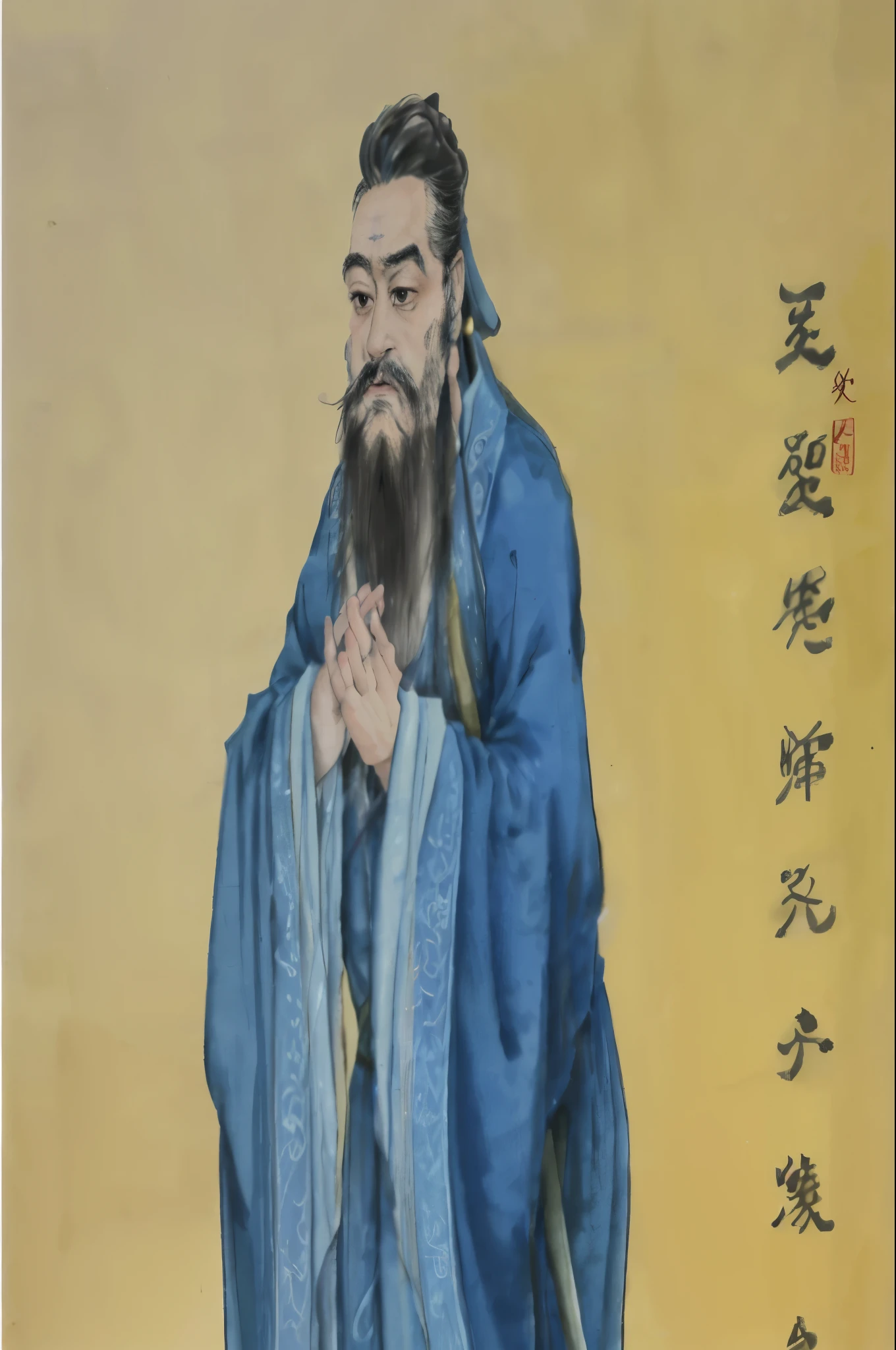 Feder's paintings,The painting is of a man with a beard、man wearing blue robe, inspired by Wu Daozi, Confucius and the Sense of Jury from Li Cheng, inspired Emperor Xuande, Emperor Xuande, inspired by Yang Buzhi, Inspired by Li Shixing, Inspired by Ma Lin, Inspired by Wang Guxiang, inspired by Wu Bin,Confucius real person image,16K resolution
