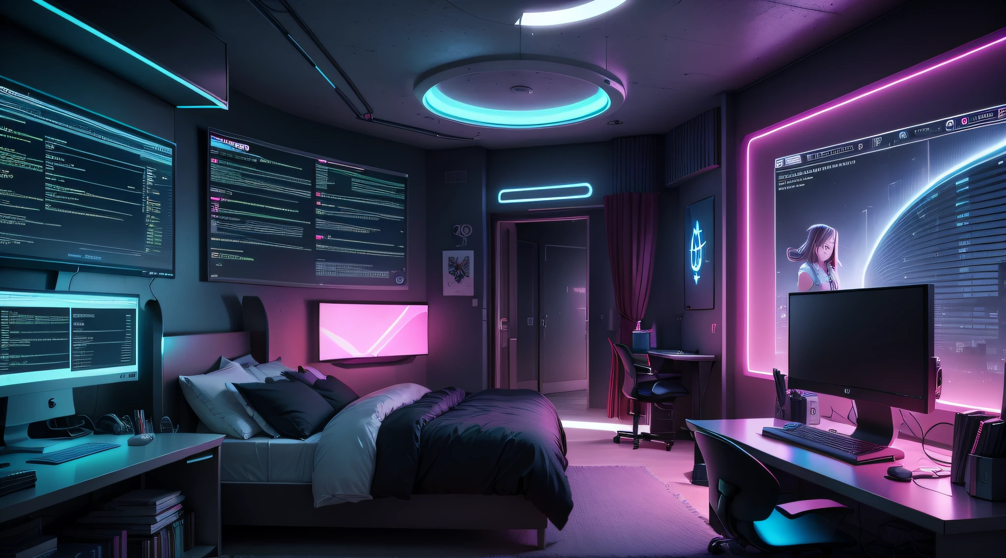 ((best qualtiy)), ((tmasterpiece)), 1 girl, Bedrooms, gaming bedroom, Hack player desktop, Code diagrams, neon room,Curved display