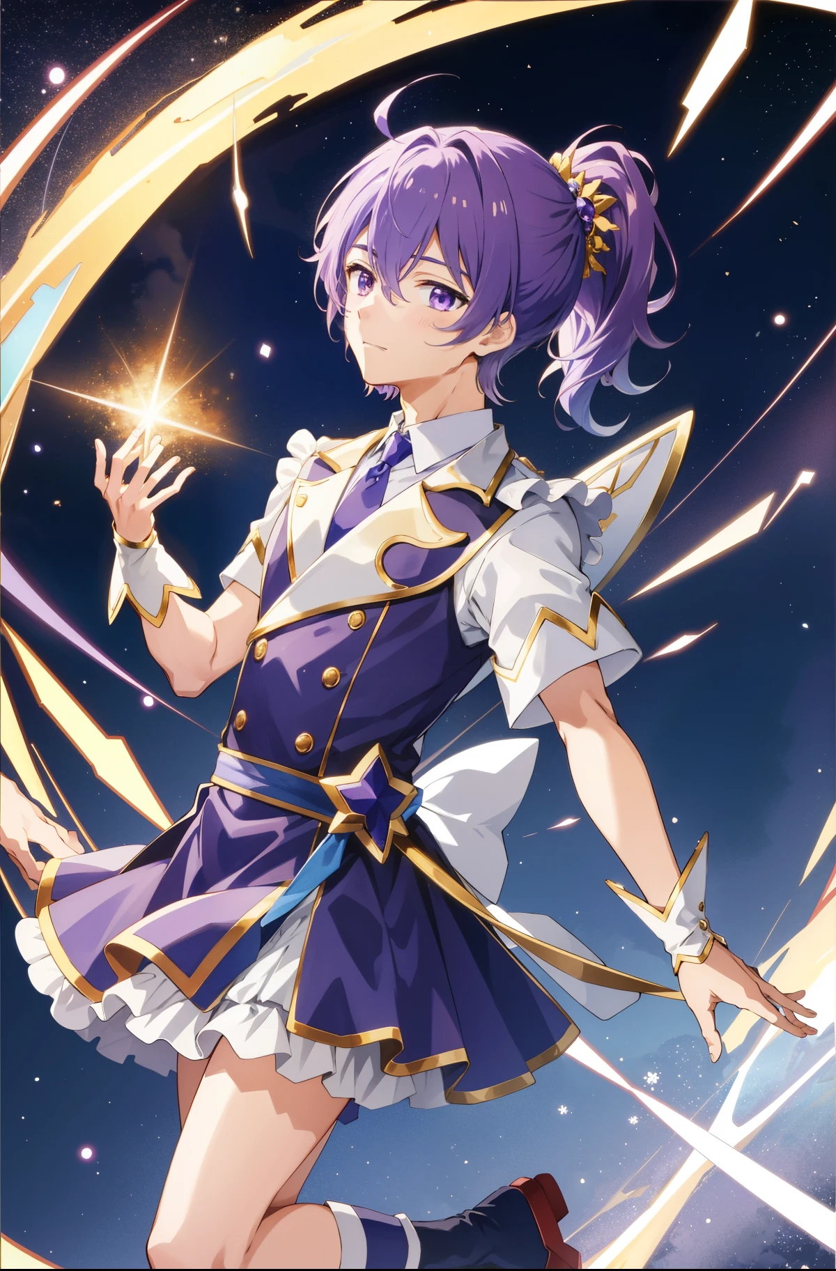 白と紫のドレスを着たAnime Boyが写真のポーズをとる, boy with very short purple hair, Magical Boyの肖像, he has light purple hair, Prince of Amethyst, Official Character Art, Magical Boy, Magical Boyのスタイル, hight resolution, Cure, きらめくMagical Boy, short ponytail, Official art, Wallpaper!, with glowing purple eyes, !!Full body portrait!!, Anime Boy