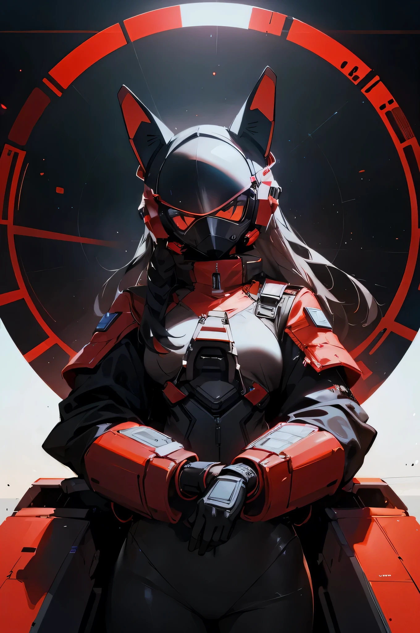 A young woman in a fully armored, black and red space suit sits in a space ship cockpit. Her helmet covers her face completely and has cat ears.