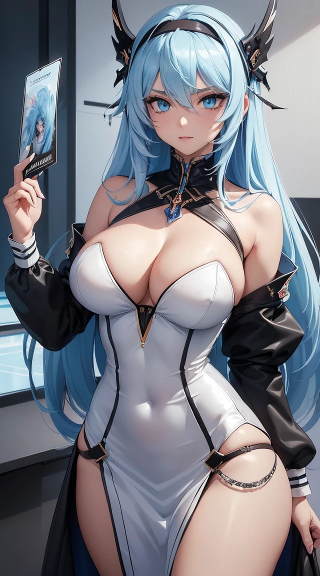 (tmasterpiece, quality, Best quality at best, offcial art, Beautiful and beautiful:1.2)Long light blue hair，Messy hair，Sexy face，Mechanical hair accessorieechanical feel card issuance，Mechanical headband，Black sexy gorgeous dress，Open navel，large tities，plumw，The sheen，Be red in the face，exquisitedetails