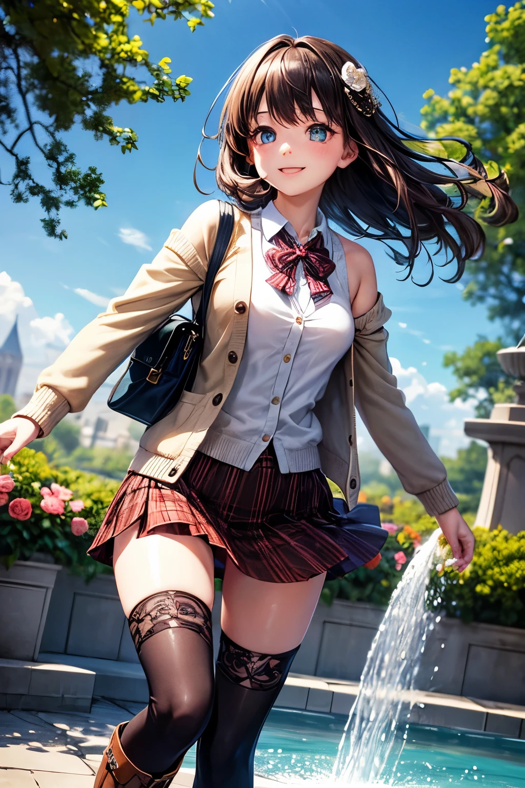 very cute and beautiful girl,,(highly detailed beautiful face and eyes:1.2),(white blouse),smile,
(beige cardigan:1.2) BREAK (brown shoulder bag),(brown plaid mini skirt:1.2),zettai ryouiki,
dynamic pose,dynamic angle,hair ornament,black hair,black boots,arbor in rose garden,water fountain,
(best quality,masterpiece:1.2),(intricate details:1.2),extremely detailed,highres,1 girl,solo,
cinematic scene,hair fluttering in the wind,beautiful detailed sky,