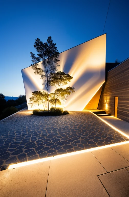 1 morden villa, main material by white wall and wood, large yard, 1 road runs in front of the house, (RAW photo, real, best quality, masterpiece:1.2), look morden minimalist, 1 road in front of the house, shime ring light, light brighteness from indoor:1.2, dynamic lighting:1.3, (hyper realistic, photo-realistic:1.2), high quality, (dark lighting:1.2), perfect lighting, archdaily