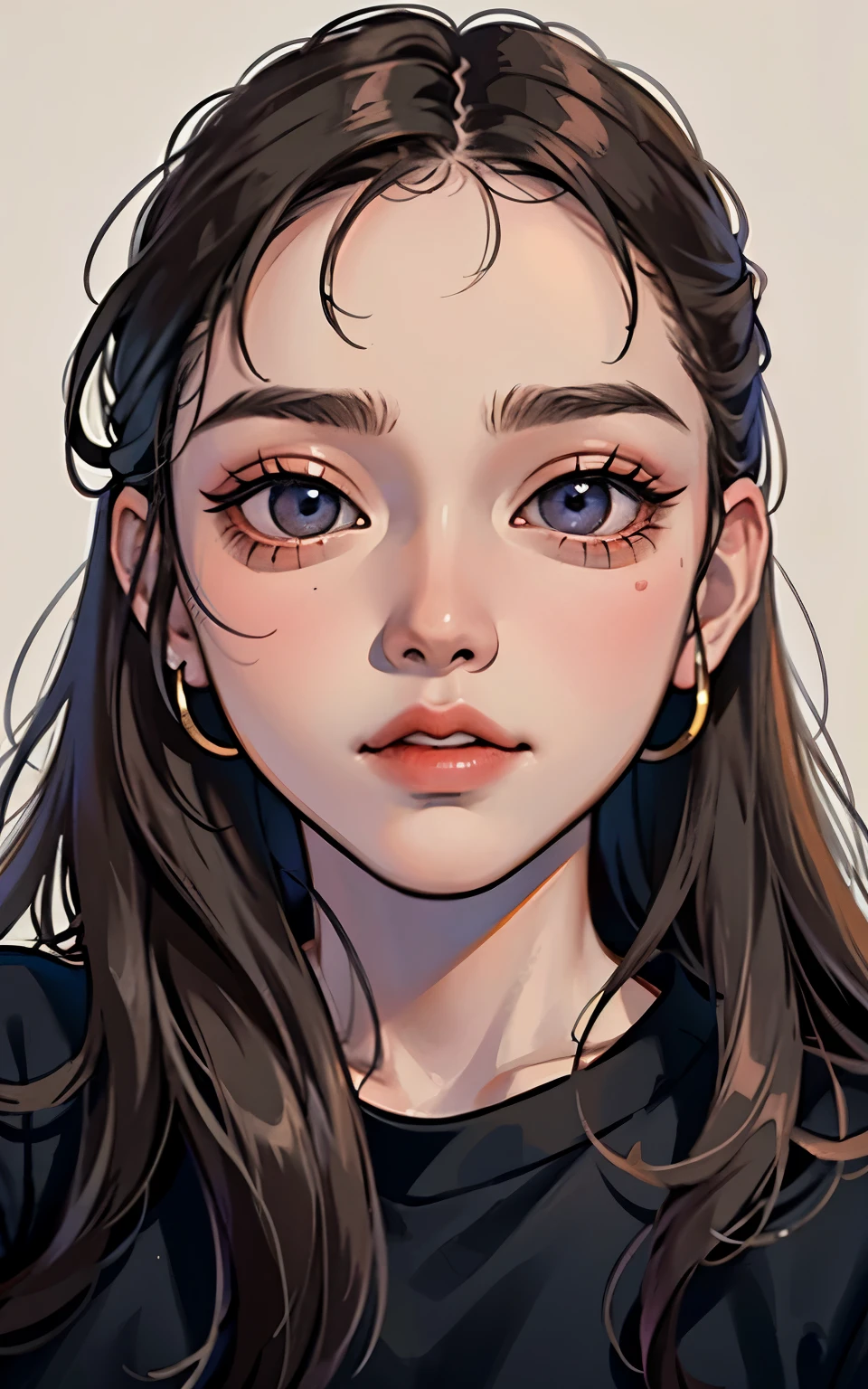 close-ups de uma jovem com cabelo comprido e uma camisa preta, south east asian with round face, young asian girl, asian face, cracked lips chin, jaeyeon nam, young cute wan asian face, Yanjun Cheng, 2 7 years, 2 3 years, 2 9 years, Lovely young Korean faces, 2 8 years，Estillo Cartunesco, white skinned, bobbed black hair, pastel tones, background with light
