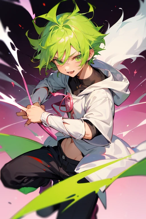 (((8K))), (((wolf))), ((spiky hair)), (((magical boy outfit))), nose bandage, (((limegreen hair))), boy, boy, cute boy, cute, lime green eyes, lime green hoodie, long muzzle, smiling, delinquent, handsome, very detailed, intricate detail, detailed face, cute fang, enthusiastic, energetic, playful, pink nose, black fur, white inner fur, white belly, ((magic boy)), ((madoka anime)), (((Puella Magi Madoka Magica))), (((holding bow))), (((1boy))), from a magical girl team, boyish face, magical boy, Magi-shounen, shorts