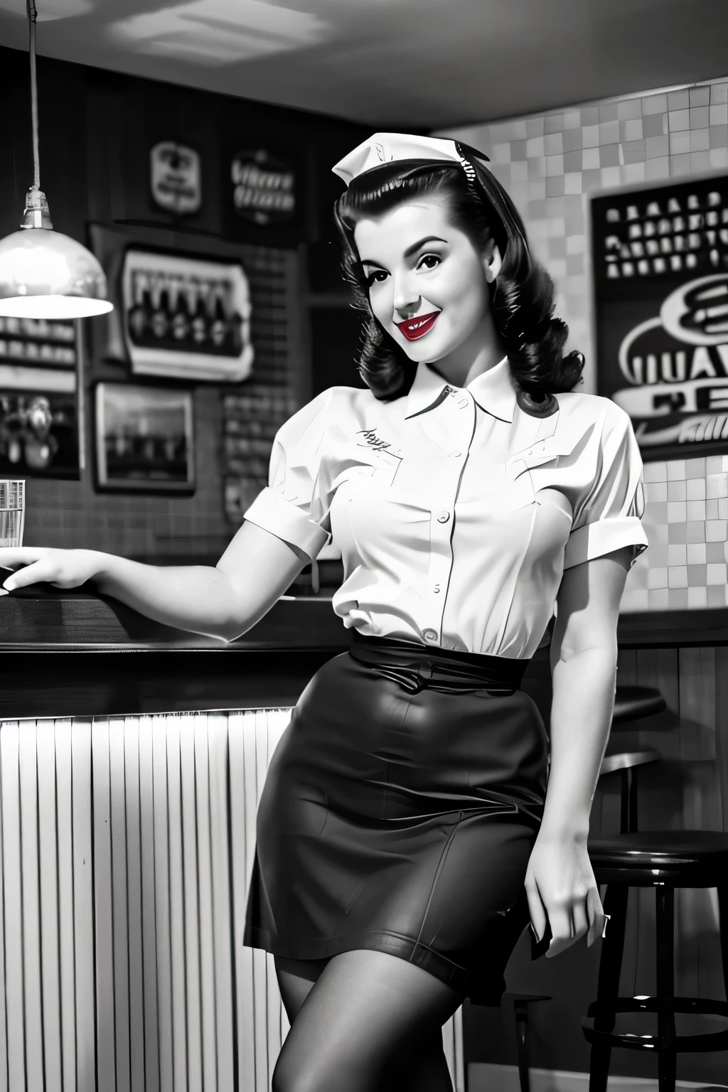 Impressive wartime pin-up girl images, Dressed in retro costumes, Pose gracefully in a nostalgic 1940s bar. Black and white images add a vintage feel to the scene, Capturing the essence of iconic pin-up art and vintage aesthetics of the time.