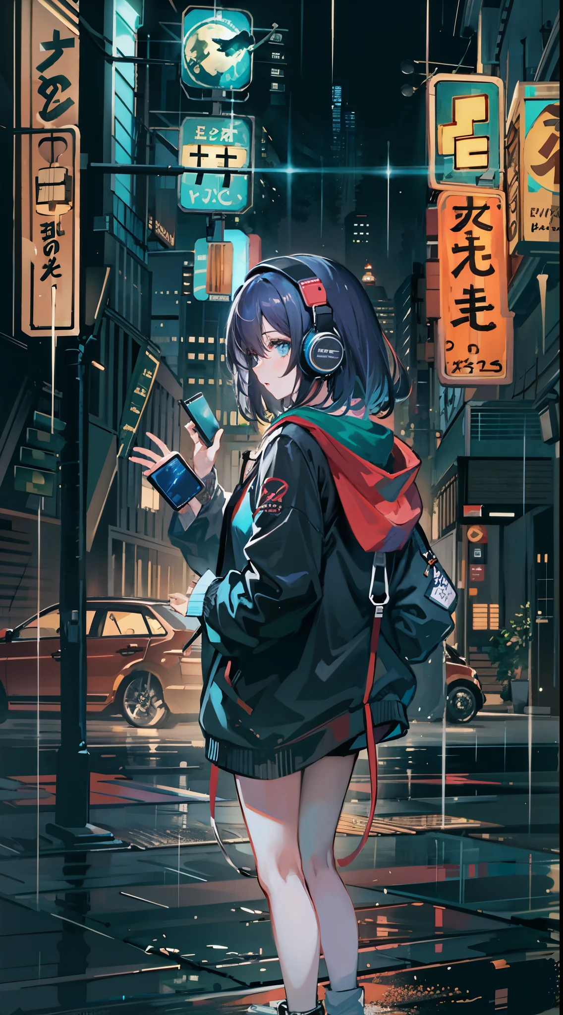 masterpiece, girl alone, solo, incredibly absurd, hoodie, headphones, street, outdoor, rain, neon,