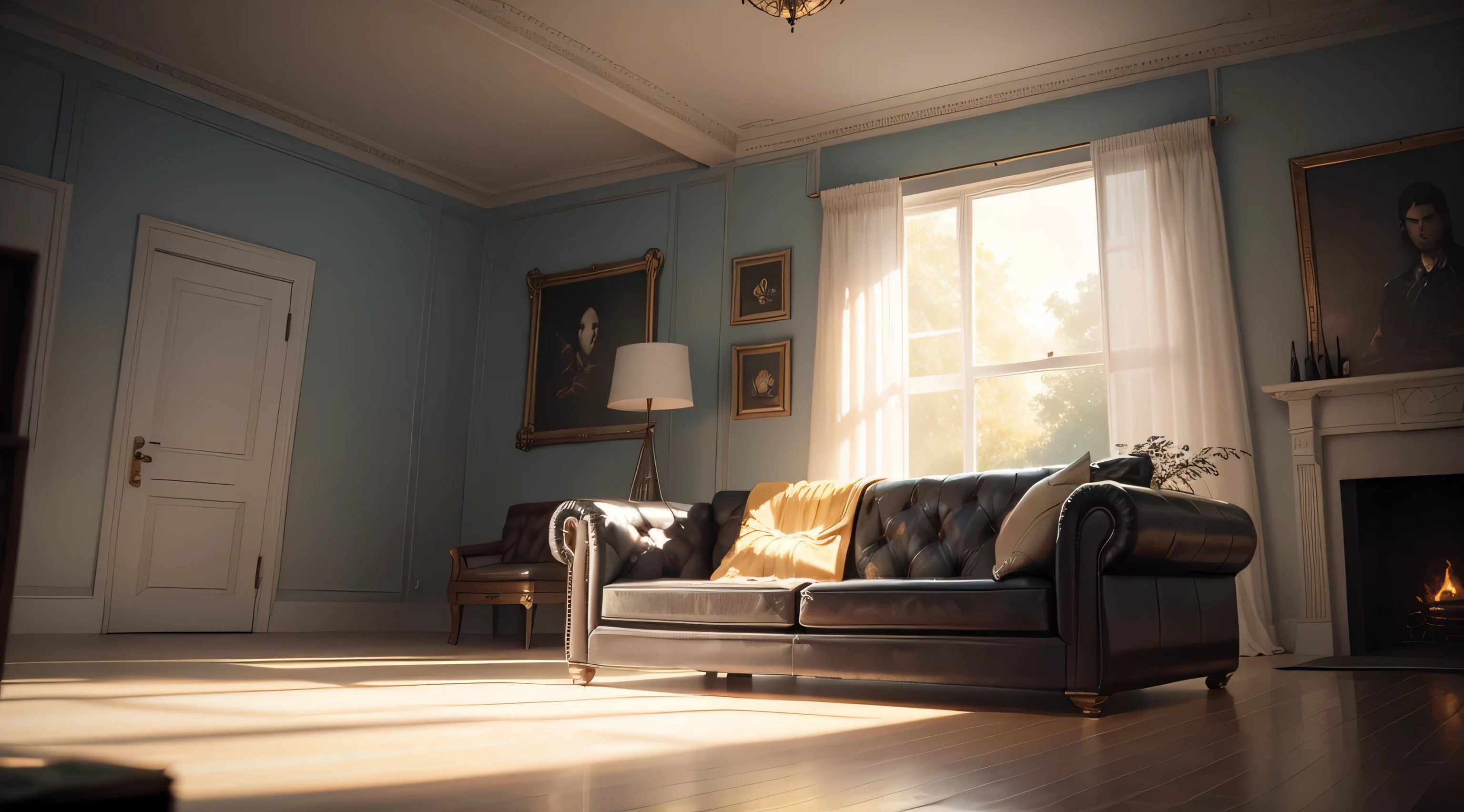 by Ross Tran, by ruan jia, Author: zaush, Author: Foxy room background with a sofa in the center\