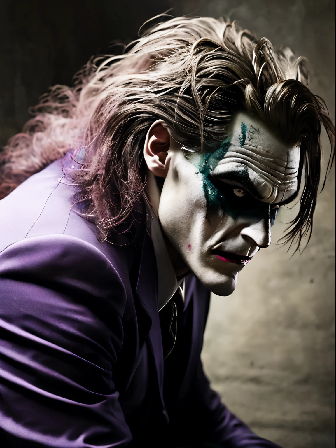 the joker from batman arkham series sitting on a chair in very a dark room barely visible, shadows, looking down, purple suit is worn down, messy long hair with a couple strands falling in front of his face, hd, masterpiece, best quality, white wall in the back is barely visible, dark, bruised, suit is worn out and dirty, very dark room, he is looking down, beat up, extremely detailed, photo taken from front, he is looking down, head tilted down
