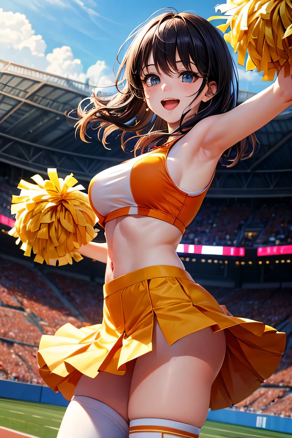 very cute and beautiful cheerleader girl,(very detailed beautiful face and eyes:1.2),(holding a pom pom:1.2),(Laugh),
(Stadium Stand),Cowboy Shot,Dynamic Pose,zettai ryouiki,(orange sleeveless shirt),Beautiful legs,White thong,Dynamic Angle,Black hair,
(Best Quality,masutepiece:1.2),Intricate details,Extremely detailed,Ultra-detailed,hight resolution,Looking at Viewer,
Natural lighting,Hair fluttering in the wind,Beautiful detailed sky,