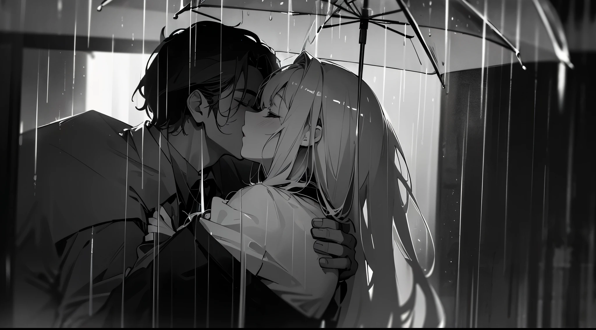 (large,high resolution,fine art,romantic),detailed man and girl kissing(kissing in the rain,gentle,passionate kiss),intense love,pleasure,embrace,great longing,(film noir,black and white),soft lighting,emotional connection,love story,tender moment,romantic atmosphere