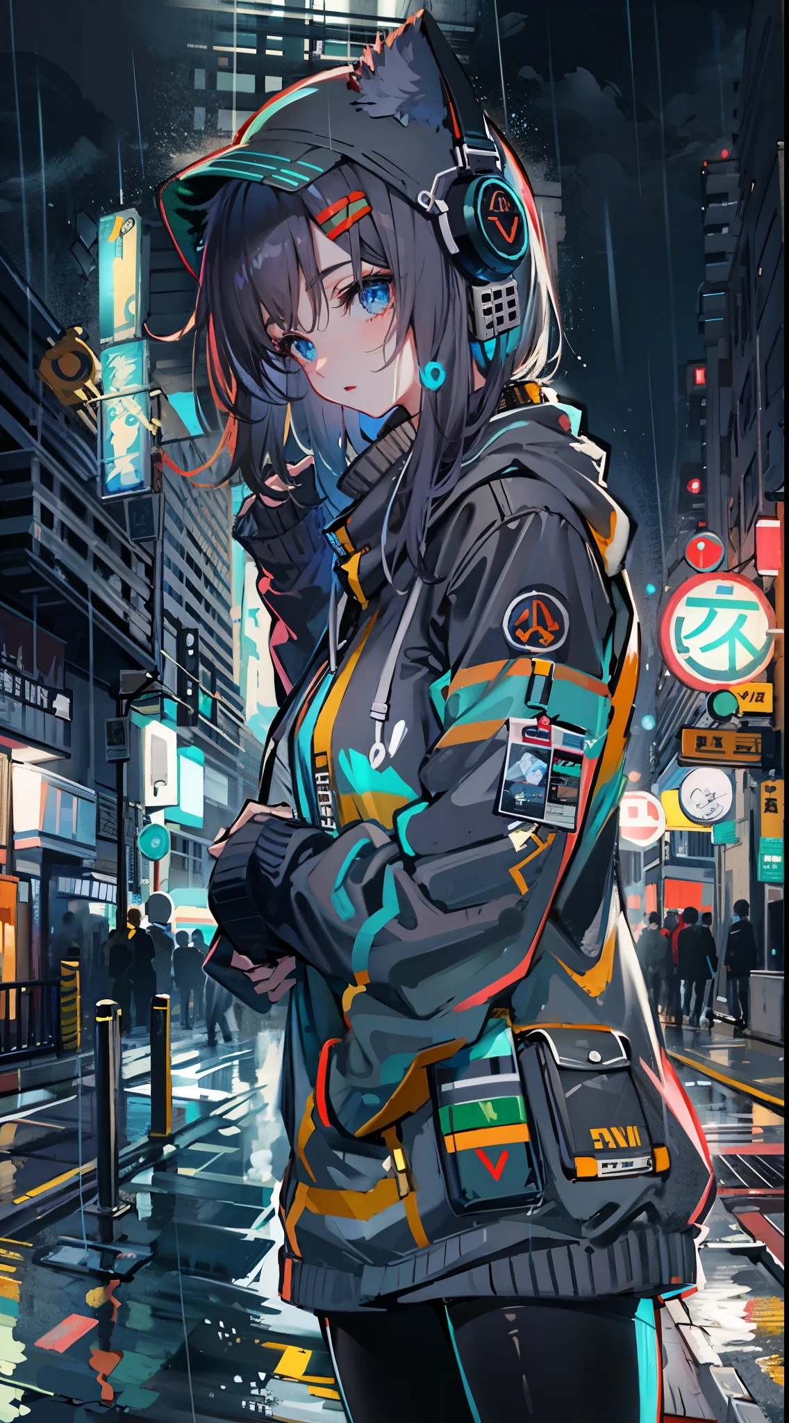 masterpiece, girl alone, solo, incredibly absurd, hoodie, headphones, street, outdoor, rain, neon,