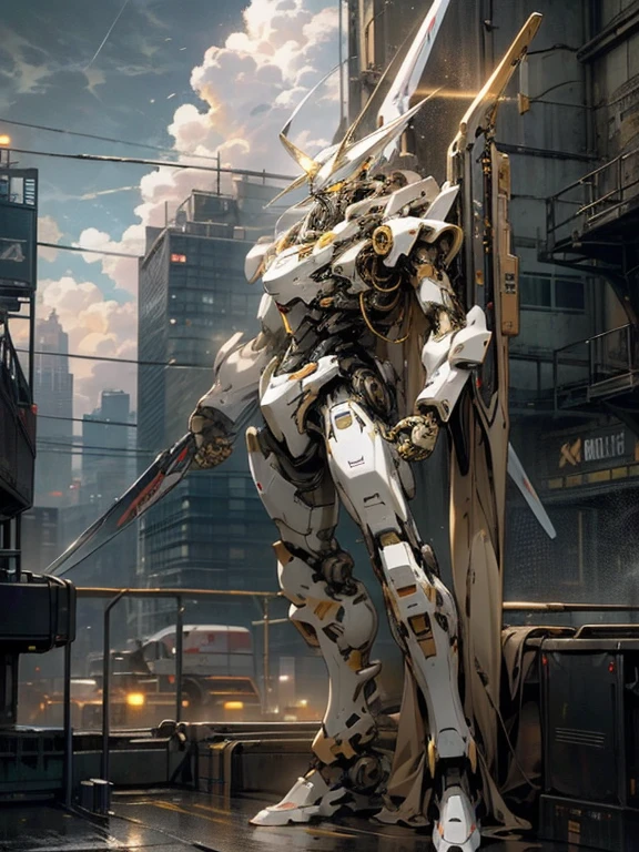 sky, cloud, holding_weapon, no_humans, glowing, robot, building, glowing_eyes, mecha, science fiction, city.realistic,mecha,clean background trending, gold and black tone, Golden Ratio composition,Full body shot,Crystal material, Town