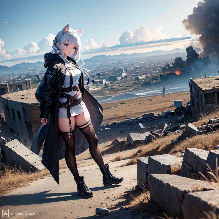 masterpiece, best quality, 1girl, hood up, cat-ear hood, white hair, blue eyes, french braid, blunt bangs, military black wear, apocalyptic world, ruined city, wilderness, high ground, wind, dynamic angle and pose, smile,