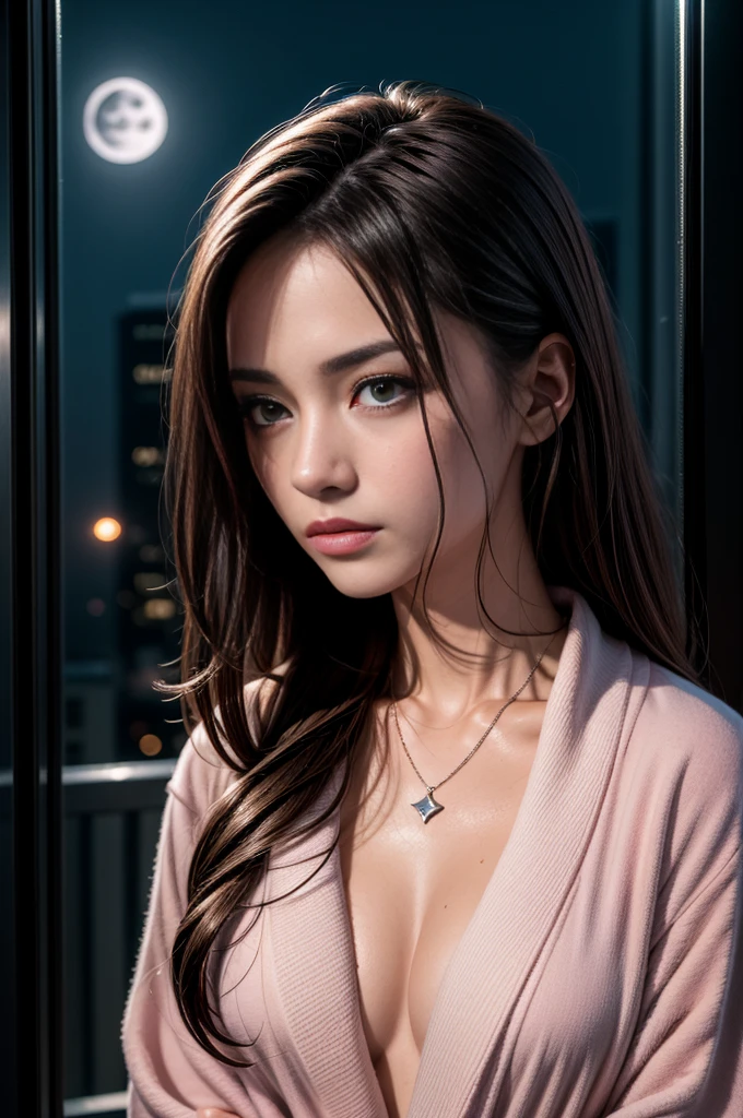 (Photoreal Stick:1.5, masutepiece:1.5, 8K), (top-quality, masterpiece, 超A high resolution), Perfect dynamic composition, Professional camera work:1.4, Highly detailed skin and facial texture:1.3, Mystical portrait:1.3, Grow Light Effect, The ultra-detailliert, 1girl in, ((Night view from inside the building, Pitch black room:0.9, The moonlight at night shines through the glass)), (Pink bathrobe), Model body type, Clear face, (Beautiful and seductive eyes:0.9, Enraptured look:1.0, i love you completely:0.8, A mouthfeel that feels beautiful eros:0.7), (wet dark brown medium hair), the chest is medium, a necklace, (Leaning against the window, Sit up), ((seductiv))