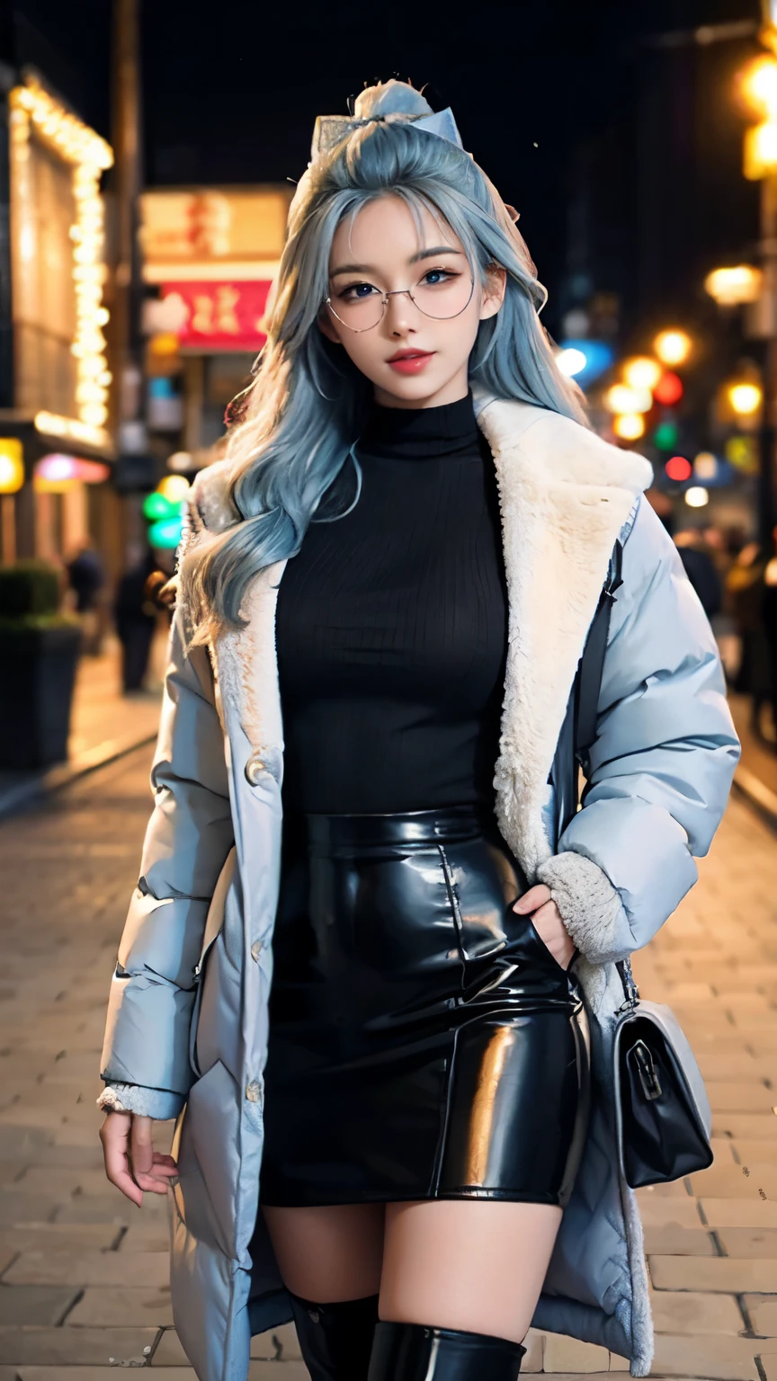 Masterpiece, beautiful art, professional artist, 8k, art style by sciamano240, very detailed face, detailed hair, detailed clothes, detailed fabric, 1girl, perfectly drawn body, beautiful face, long hair, light blue hair , very detailed blue cat eyes, wide smile, wearing trendy winter clothes , winter coat,black thigh boots, black pencil skirt, glasses, wearing gloves, pouty lips , rosey cheeks, evening winter setting, , show details in eyes, upclose view, looking at viewer, walking on sidewalk, purse on shoulder,