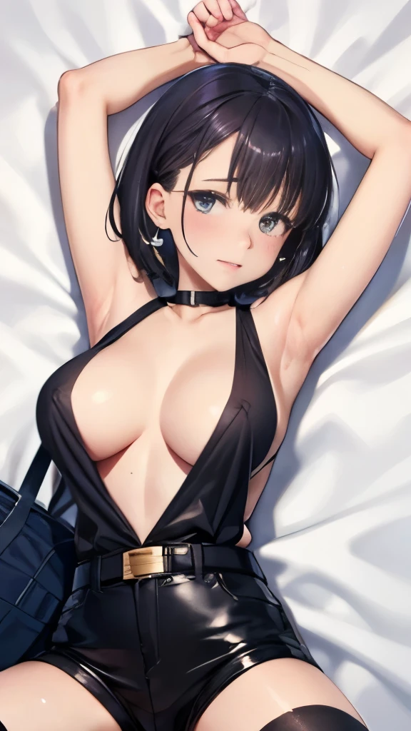 Suit,Cutter shirt,Belt bag,suspender black shorts、garterbelts　、knee high　、Shiny stocking rack stockings　、Colorcon armpit sweat　、sweat, Side of both hands,Black tank top,Gaze,Colossal tits,Armpit sweat,Exposing the armpits"Tight clothes、raise two hands、Lying in bed、　Behind the back、Forehead Center、short cut hair、Enraptured face