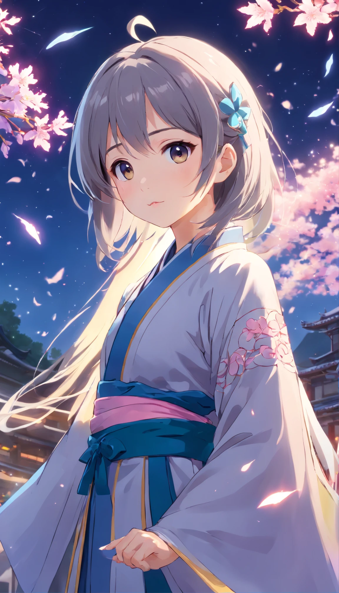 (Little girl:1.5),Lace,ribbons,Hanfu,(tmasterpiece, Sideslit, Beautiful gray eyequisite details: 1.2), tmasterpiece, actual, glowing light eyes,shinny hair,brunette color hair,Long gray hair, Glowing and radiant skin, Alone, Embarrassing,No shoulder strap,Exquisite,prettify,sonoko,blossoms,Fly petals,