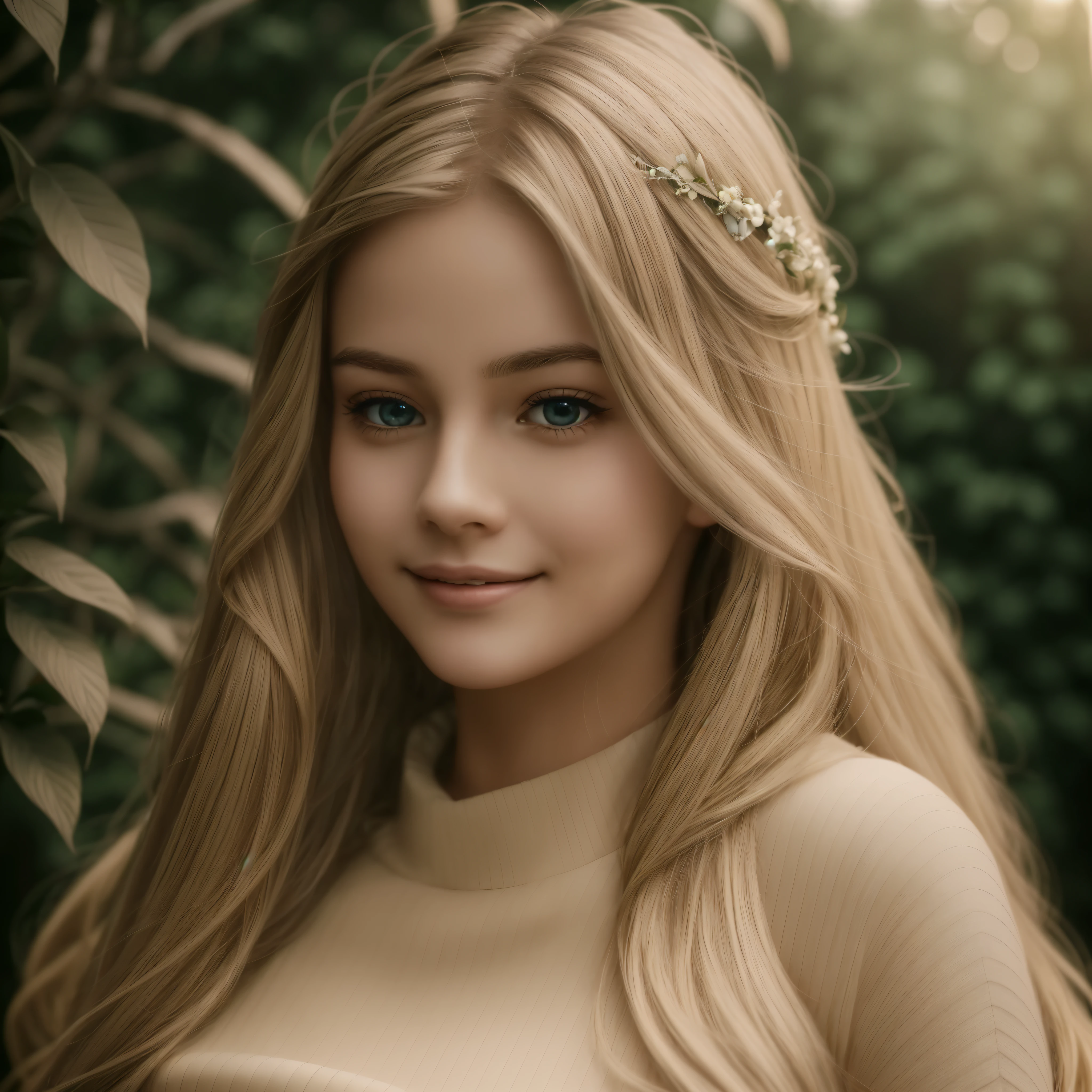 (Best Quality,4k,8K,hight resolution,Masterpiece:1.2),Ultra-detailed,(Realistic,photoRealistic,photo-Realistic:1.37),beautiful detail eyes,beautiful detailed lips,Extremely detailed eyes and face,long eyelashes,1girl,illustartion, bright colours,soft-lighting,Playful background,loose flowing hair,Joyful expression on his face,Summer Garden,flower crown,immaculate skin,innocent smile,Blissful atmosphere,Weak sunlight, Making your way through the trees,Subtle bokeh effect,Pure happiness,Unearthly beauty,A whimsical atmosphere,Brown eyes