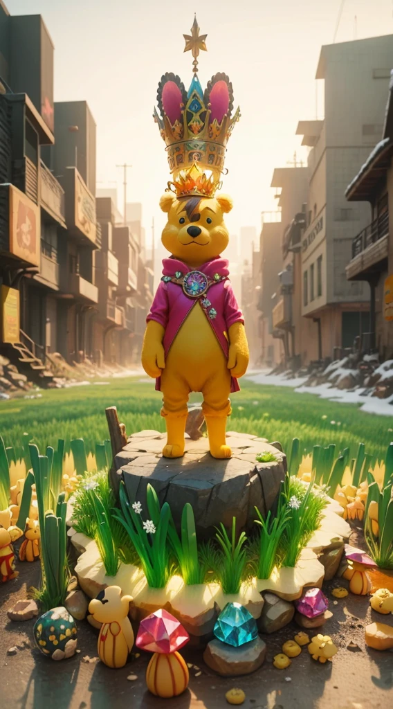 background:cyberpunk，angry Winnie the Pooh stands in the middle with a crown on his head, surrounded by many kneeling leeks，scary Winnie the Pooh with a crown on his head standing in the leek field，fairy wolrd，snow forest and colorfull mushroom，galaxy sky，lighting colorfull butterfly，big moon，blue river，Sakura，more followers，4K, wonderful art beautiful minerals, Rainbow crystals, ultra - detailed,  Light up colorful diamonds，jewely，crystal，shine，metallic  luster，Glaze color，incredible lighting, ultra - detailed, 8K, Unreal Engine5, a 3D render