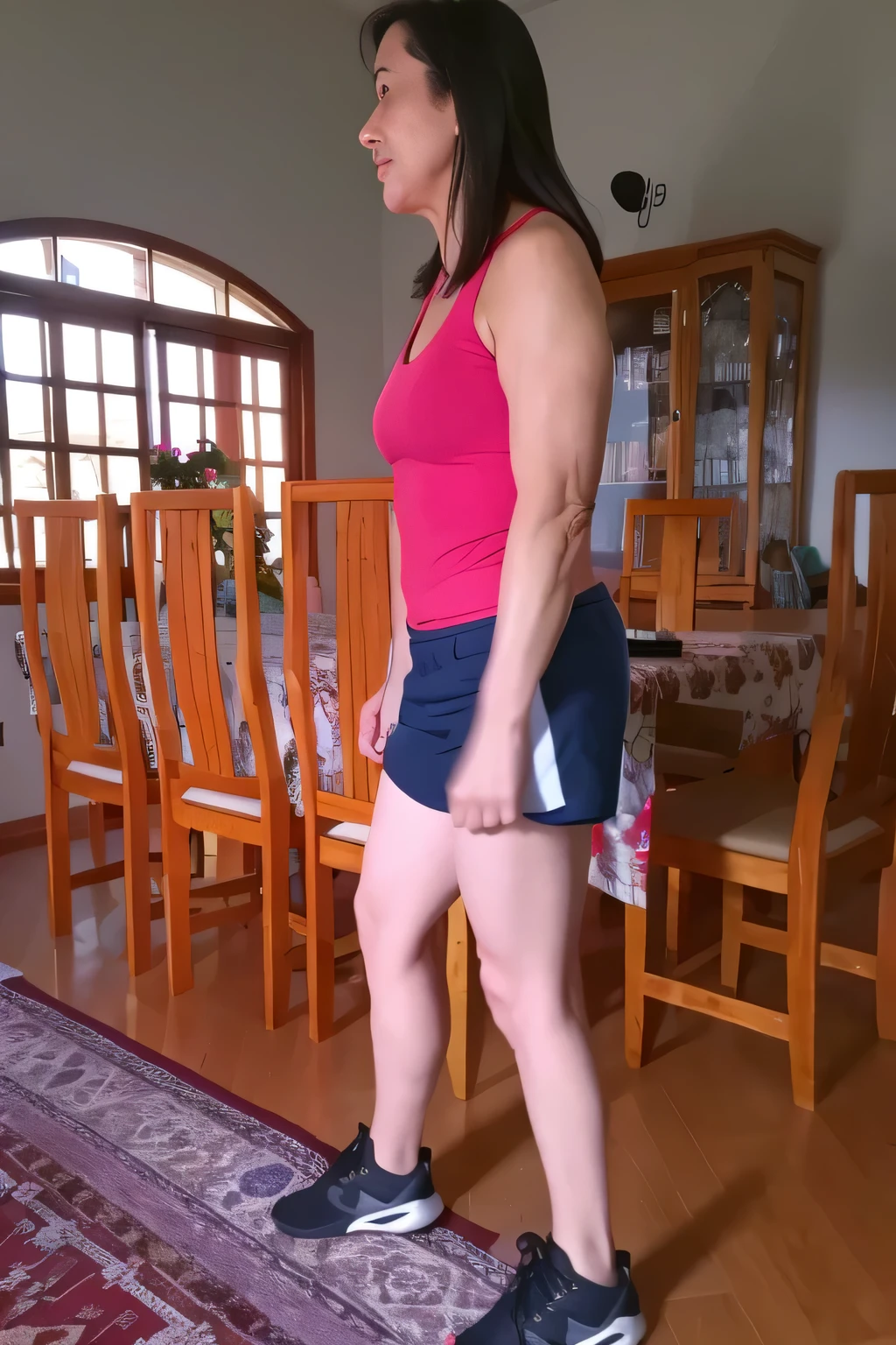 there is a woman standing on a rug in a room, Tiro lateral, Bermuda, mulher curta robusta, vestindo shorts vermelhos, side view of her taking steps, lunging at camera :4, wearing black shorts, coxas grossas, pernas grossas, in good physical shape, tiro na perna e no quadril, sport bra and shorts azul escuro, sport bra and shorts