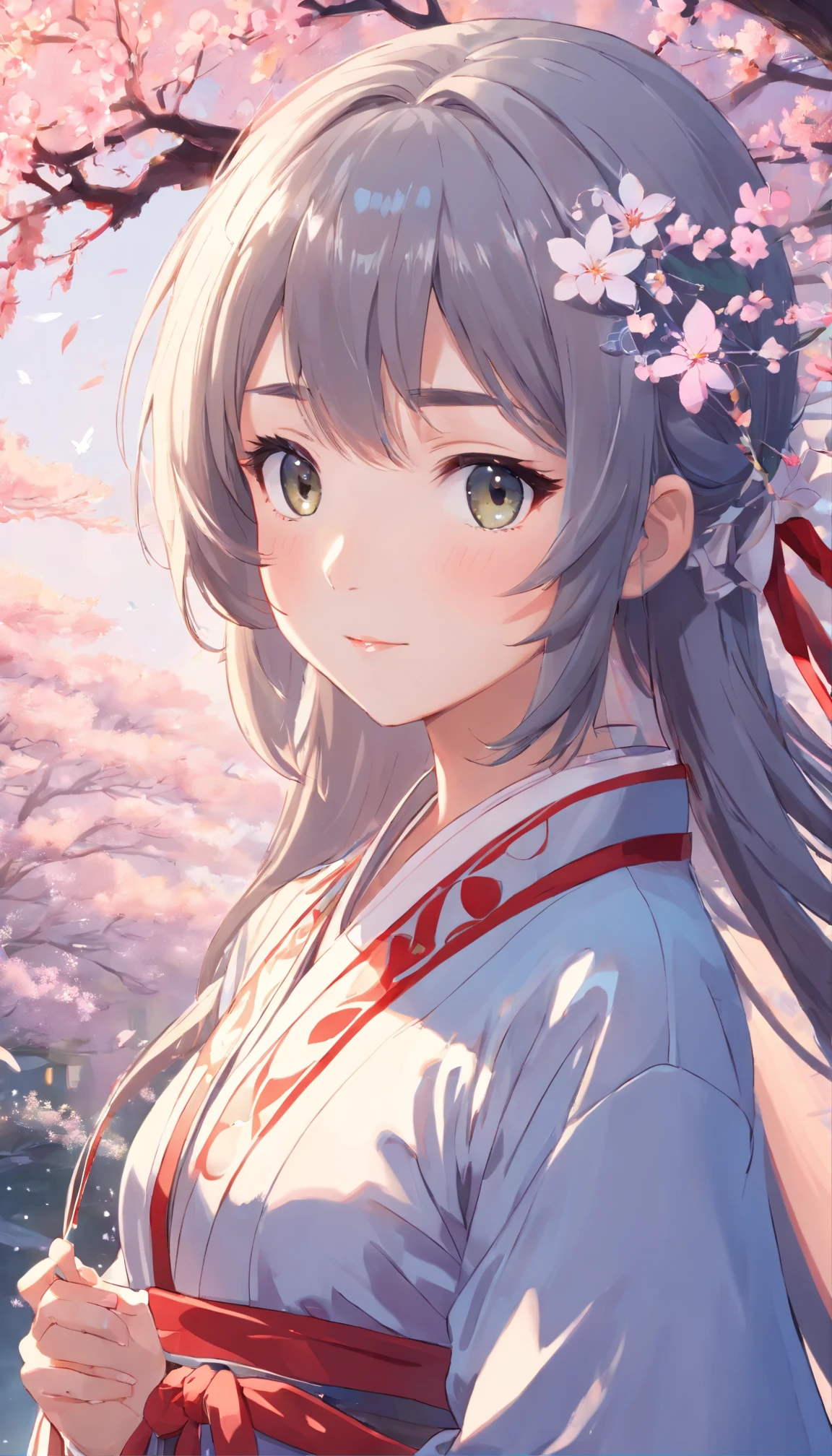 (Little girl:1.5),Lace,ribbons,Hanfu,(tmasterpiece, Sideslit, Beautiful gray eyequisite details: 1.2), tmasterpiece, actual, glowing light eyes,shinny hair,brunette color hair,Long gray hair, Glowing and radiant skin, Alone, Embarrassing,No shoulder strap,Exquisite,prettify,sonoko,blossoms,Fly petals,