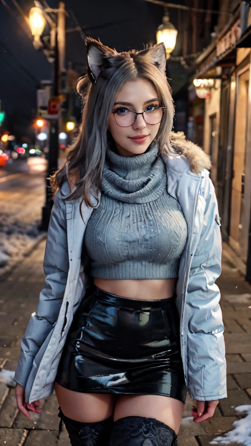 Masterpiece, beautiful art, professional artist, 8k, art style by sciamano240, very detailed face, detailed hair, detailed clothes, detailed fabric, 1girl, perfectly drawn body, beautiful face, long hair, light blue hair , very detailed blue cat eyes, wide smile, wearing trendy winter clothes , winter coat,black thigh boots, black pencil skirt, glasses, wearing gloves, pouty lips , rosey cheeks, evening winter setting, , show details in eyes, upclose view, looking at viewer, walking on sidewalk, purse on shoulder,