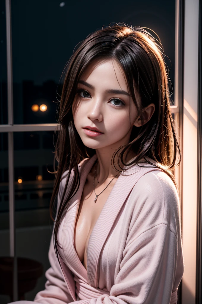 (Photoreal Stick:1.5, masutepiece:1.5, 8K), (top-quality, masterpiece, 超A high resolution), Perfect dynamic composition, Professional camera work:1.4, Highly detailed skin and texture:1.3, Mystical portrait:1.3, Grow Light Effect, The ultra-detailliert, 1girl in, ((Night view from inside the building, Pitch black room:0.9, The moonlight at night shines through the glass)), (Pink bathrobe), Model body type, Clear face, (Beautiful and seductive eyes:0.9, Enraptured look:1.0, i love you completely:0.8, A mouthfeel that feels beautiful eros:0.7), (Wet dark brown medium hair), the chest is medium, a necklace, (Leaning against the window, Sit up), ((seductiv))