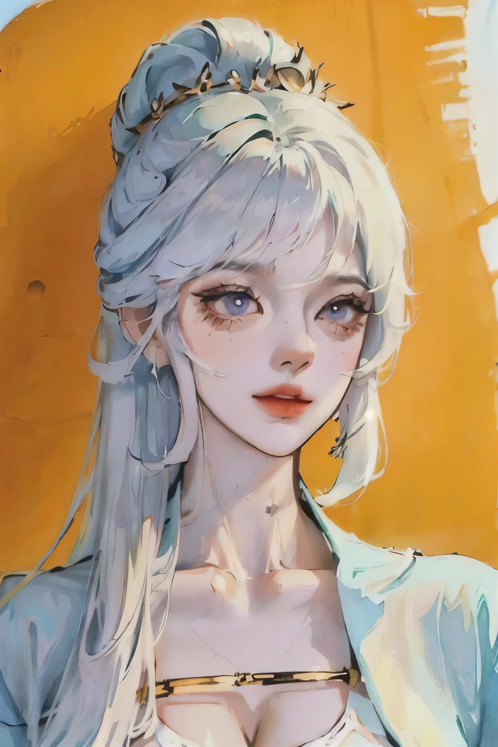 Photo of a caucasian girl with white hair and purple eyes looking straight ahead, Except the breasts