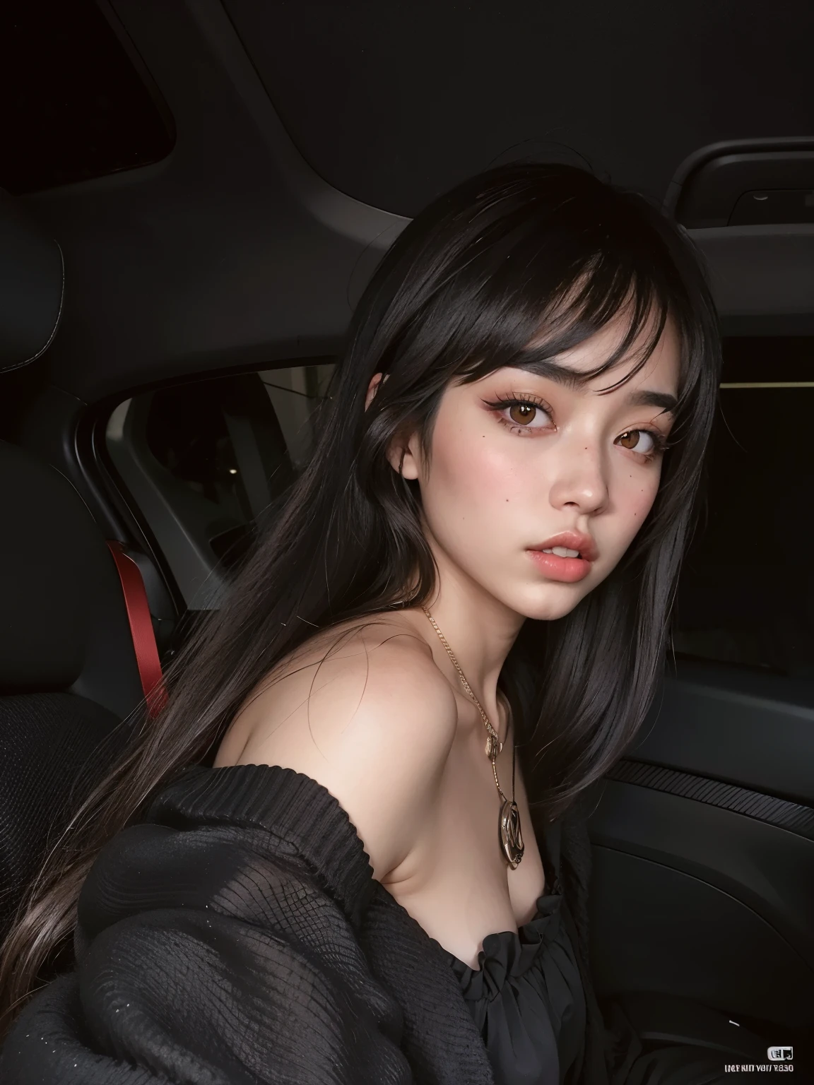 mujer con el pelo largo y una blusa negra sentada en un coche, cruel korean goth girl, ulzzang, she has black hair con flequillo, con flequillo completo, con flequillo, cabello blackbangs cabello, long hair con flequillo completo, goth girl aesthetic, con ojos rojos brillantes, flequillo largo y recto, Cabello negro Hime cortado, long dark hair con flequillo