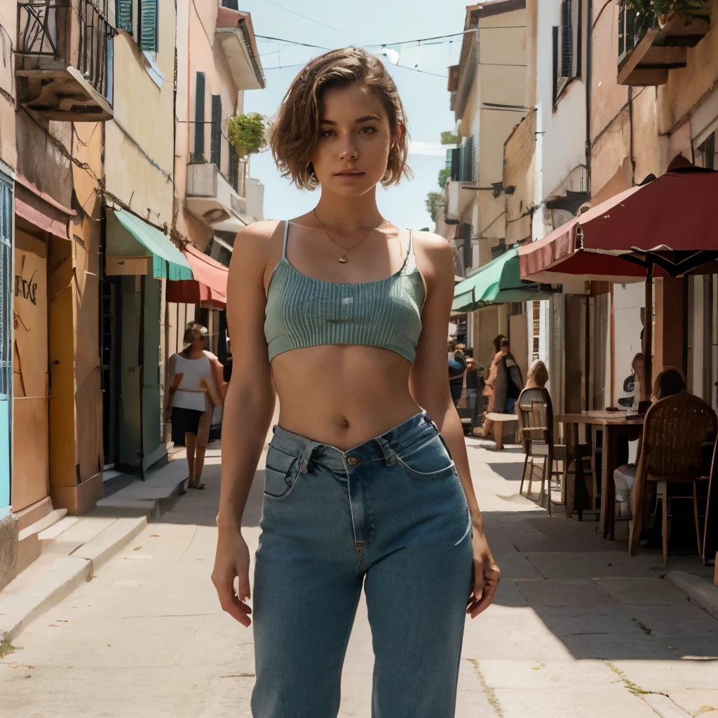 Girl makes tiktok dances, 8k, ultrarealistic, in public, beautiful face, short hair, vintage girl, italian vibe, spring break vibe, dancing, full body view, perfect randered, detail on face, low waist vintage hippie pants, hand on waist, barefoot, bellybutton, 8k, hd, masterpiece
