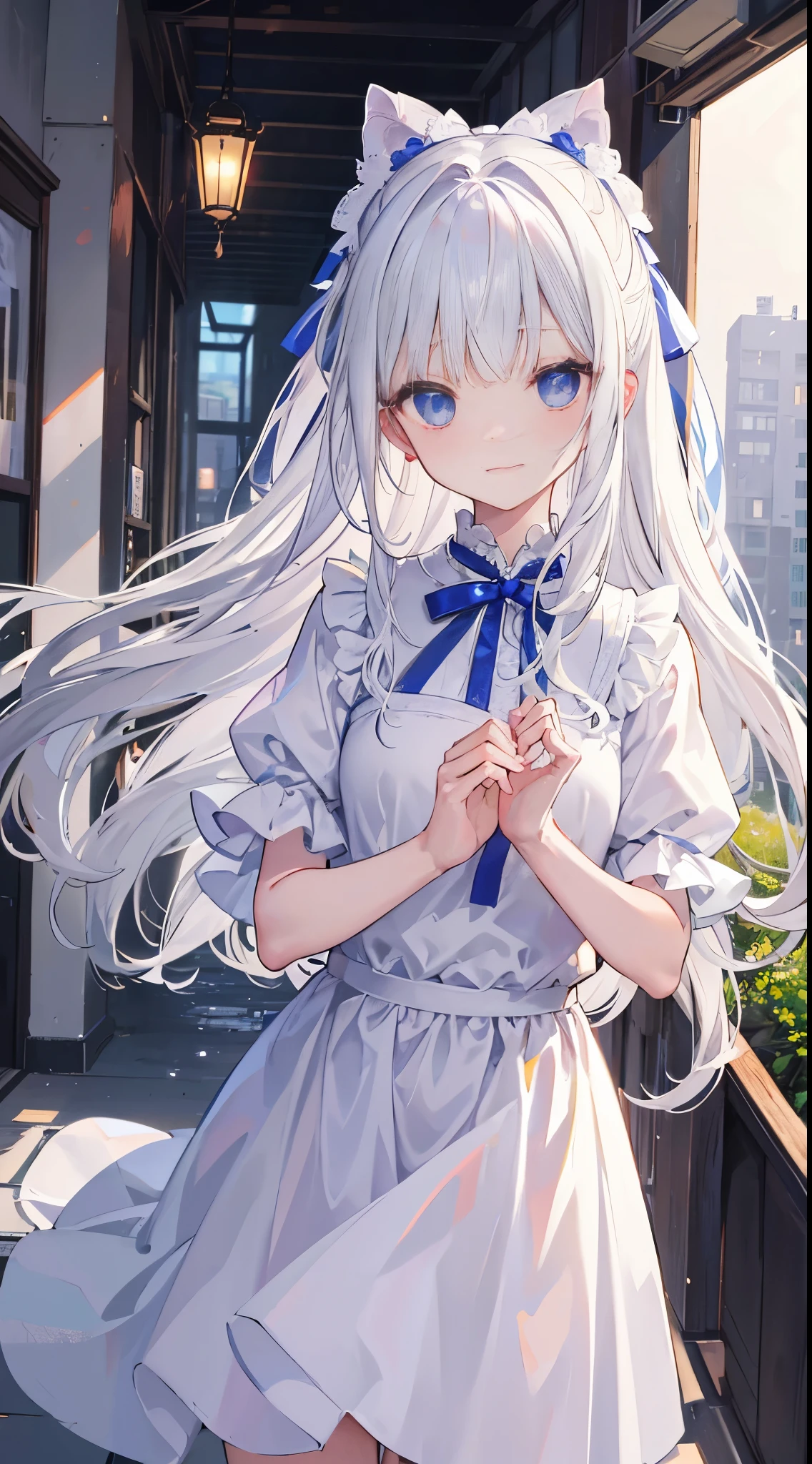 bowing、beautiful bow、There is a hem、A piece of、Long ribbon、White hair、curlieasterpiece、quality、image quality、Inside the city