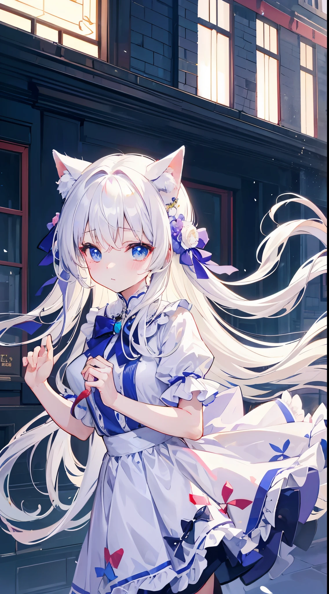 bowing、beautiful bow、There is a hem、A piece of、Long ribbon、White hair、curlieasterpiece、quality、image quality、Inside the city