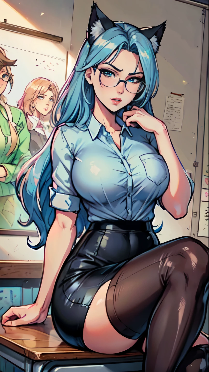 Masterpiece, beautiful art, professional artist, 8k, art style by sciamano240, very detailed face, detailed hair, detailed clothes, detailed fabric, 1girl, perfectly drawn body, beautiful face, long hair, light blue hair , very detailed blue cat eyes, wearing teacher clothes, thigh boots, pencil skirt, glasses, looking angrily over glasses, pouty lips , rosey cheeks, school setting, detailed background, blackboard , show details in eyes, upclose view, looking at viewer, angry expression,