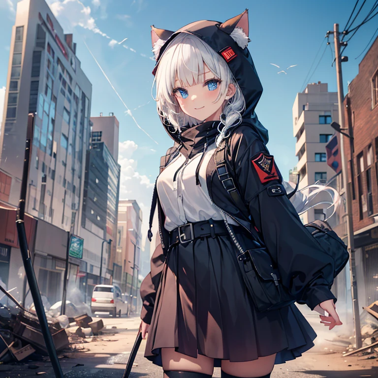 masterpiece, best quality, 1girl, hood up, cat-ear hood, white hair, blue eyes, french braid, blunt bangs, military black wear, apocalyptic world, ruined city, wilderness, high ground, wind, dynamic angle and pose, smile,